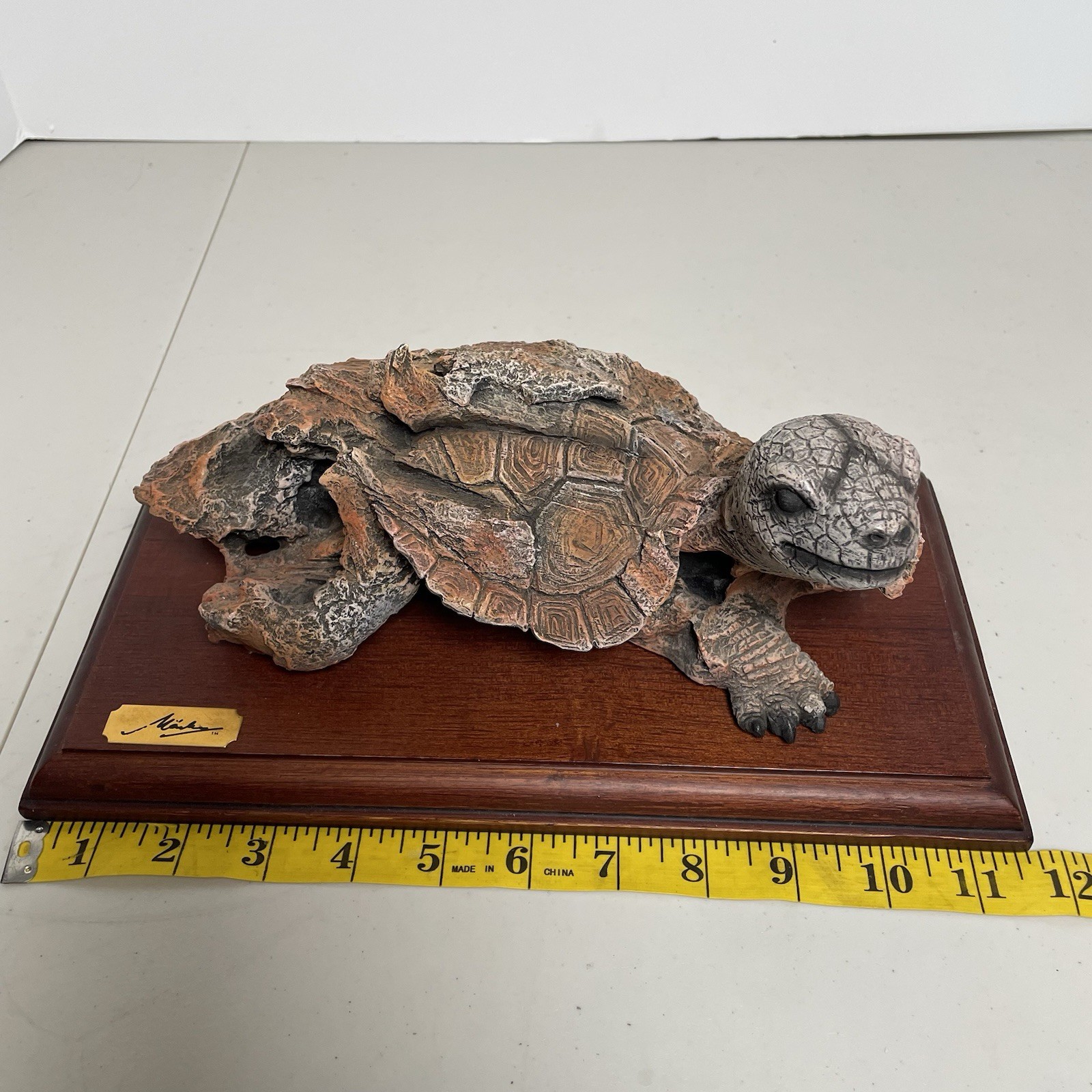 Vintage Marka Gallery Turtle Sculpture Wildlife, Tabletop Resin Wood Base 11.5\