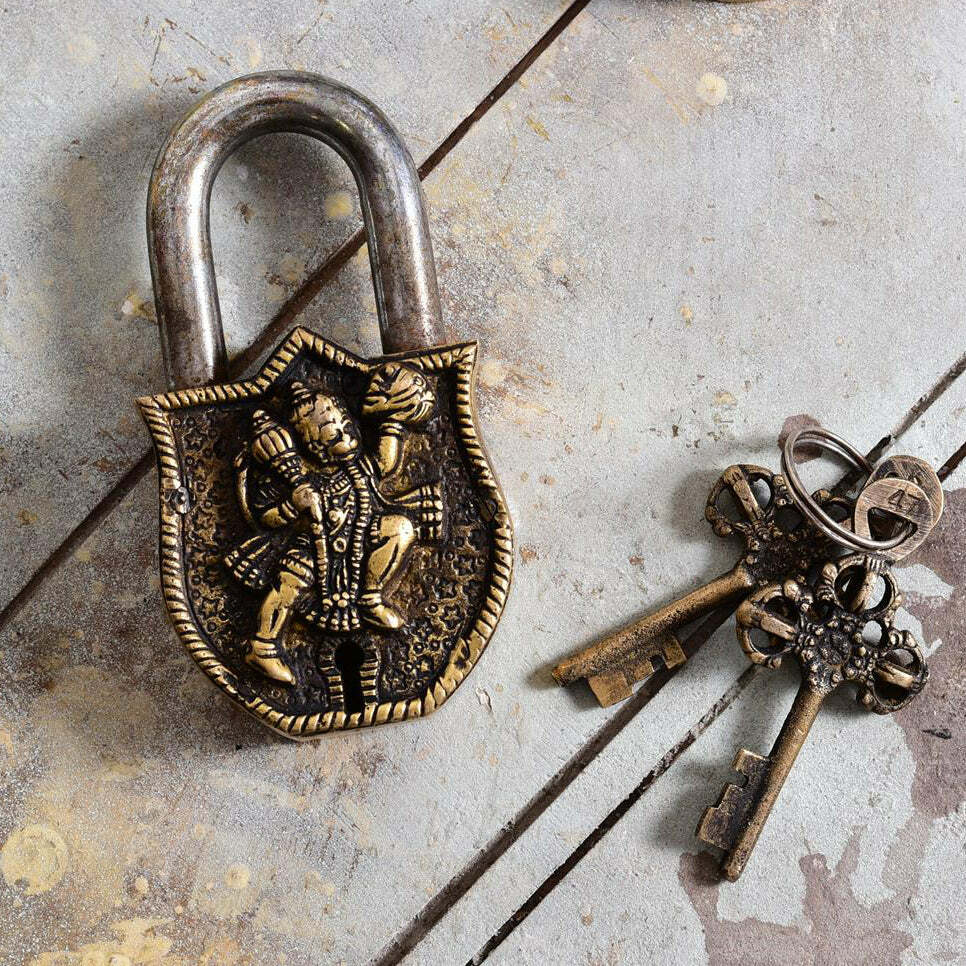 Rare Brass Lord Hanuman Embossed Door Lock Padlock Keys Antique Look 