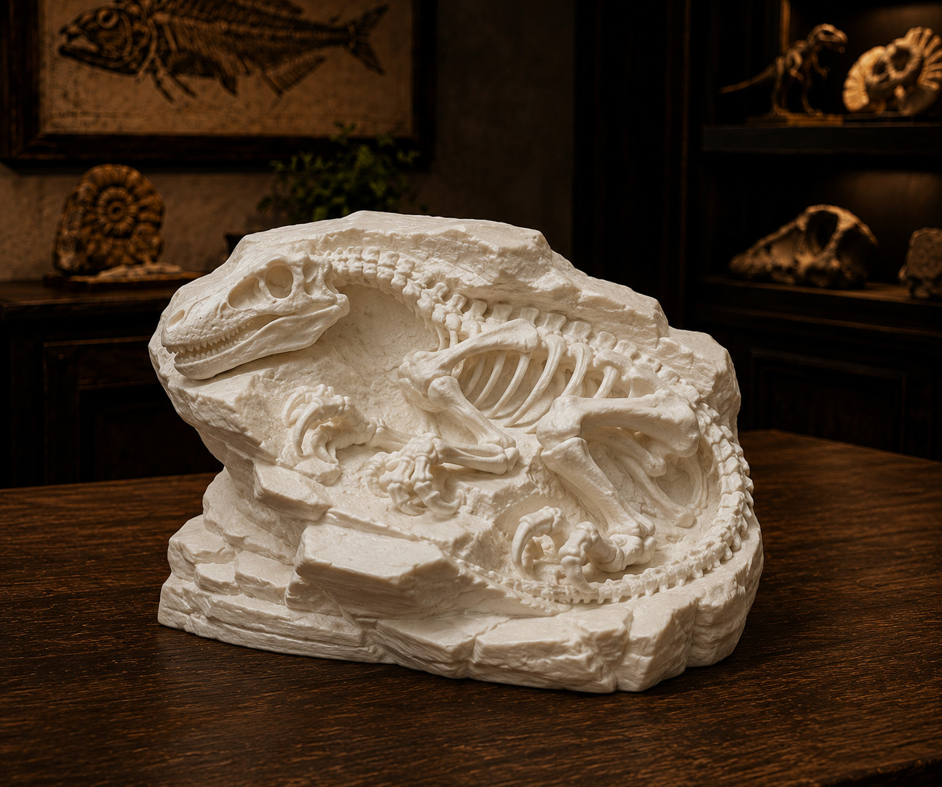 Velociraptor Fossil Replica – Decorative 3D Printed Dinosaur Skeleton – White