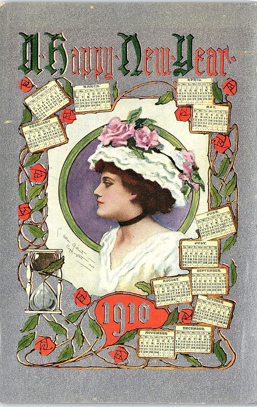 Vintage Postcard Happy New Year Lady Roses Calendar Embossed Greeting
