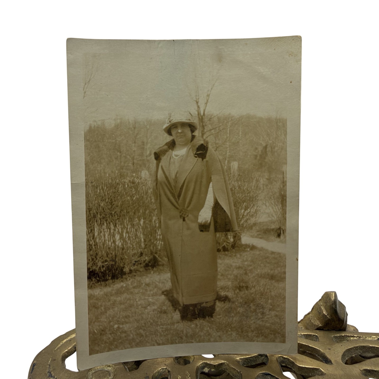 Vintage 1925-49 Woman Fashion Cape Coat Yard Photo 2.5x3.5 Sepia Gelatin Orig