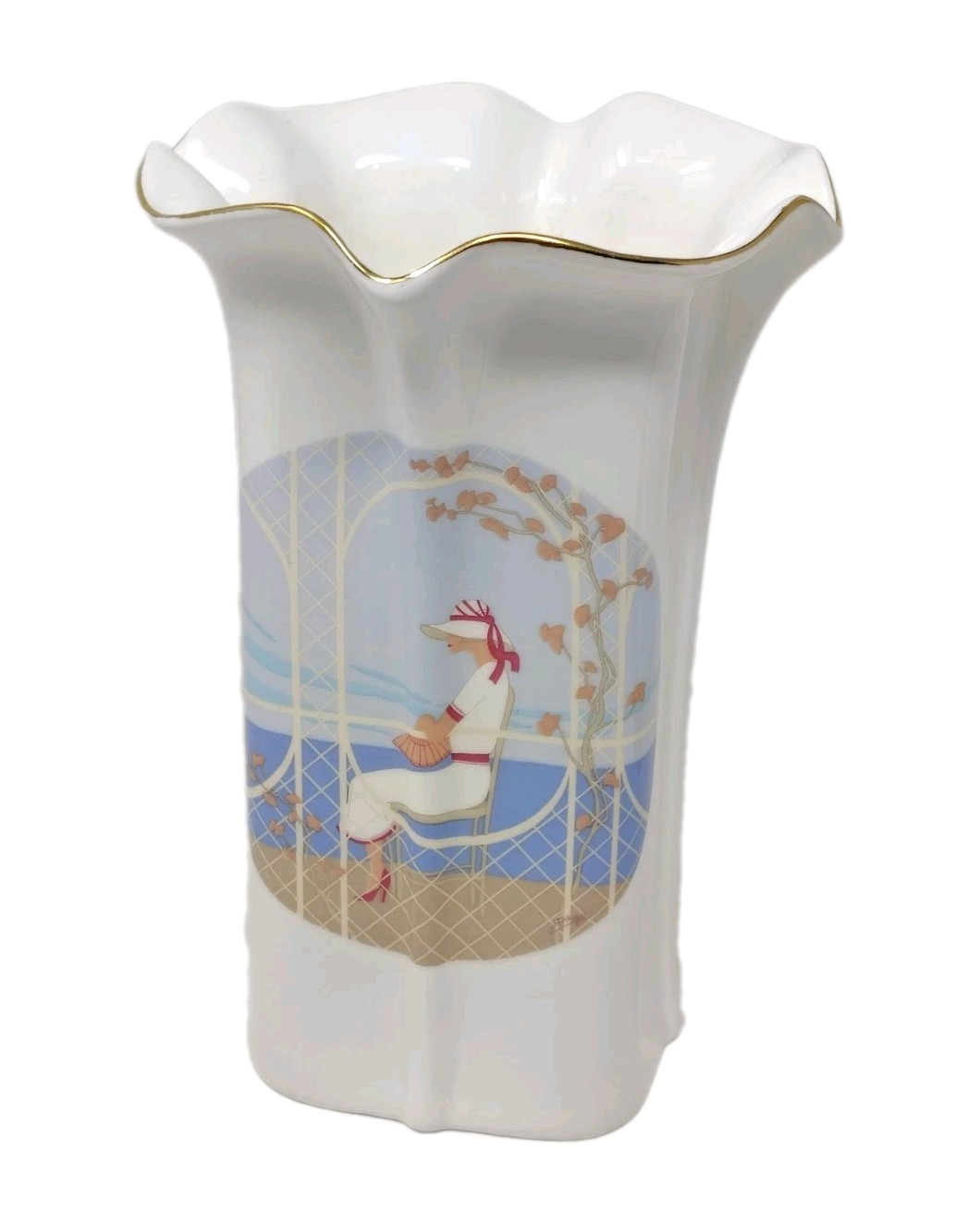 VTG Bone China Art Deco Vase Pastel Lady French Riviera Bistro White Ruffled 7
