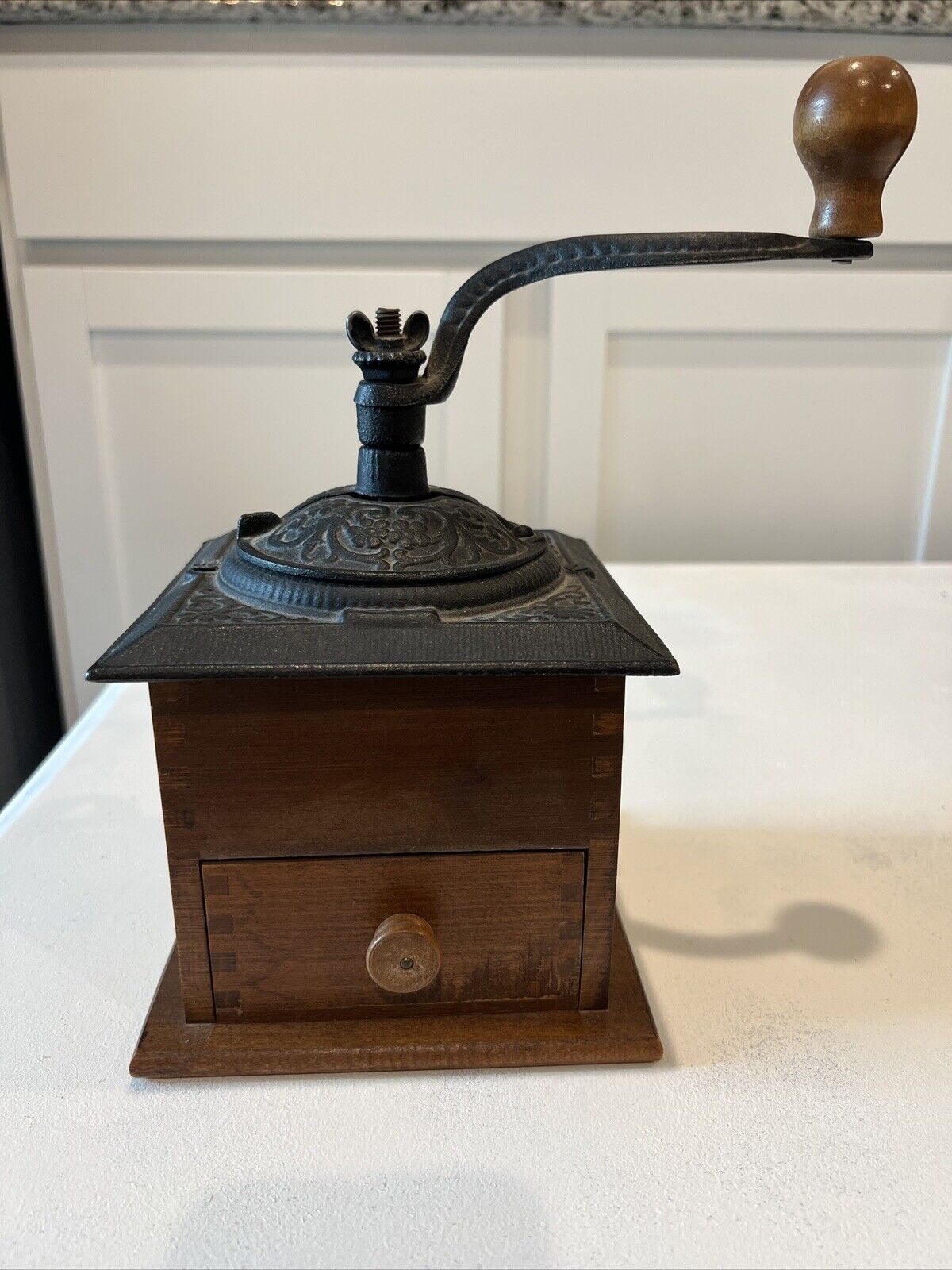 Antique Coffee Grinder, Dovetail, Cast Iron w/Wood Base, Crank Handle & Drawer