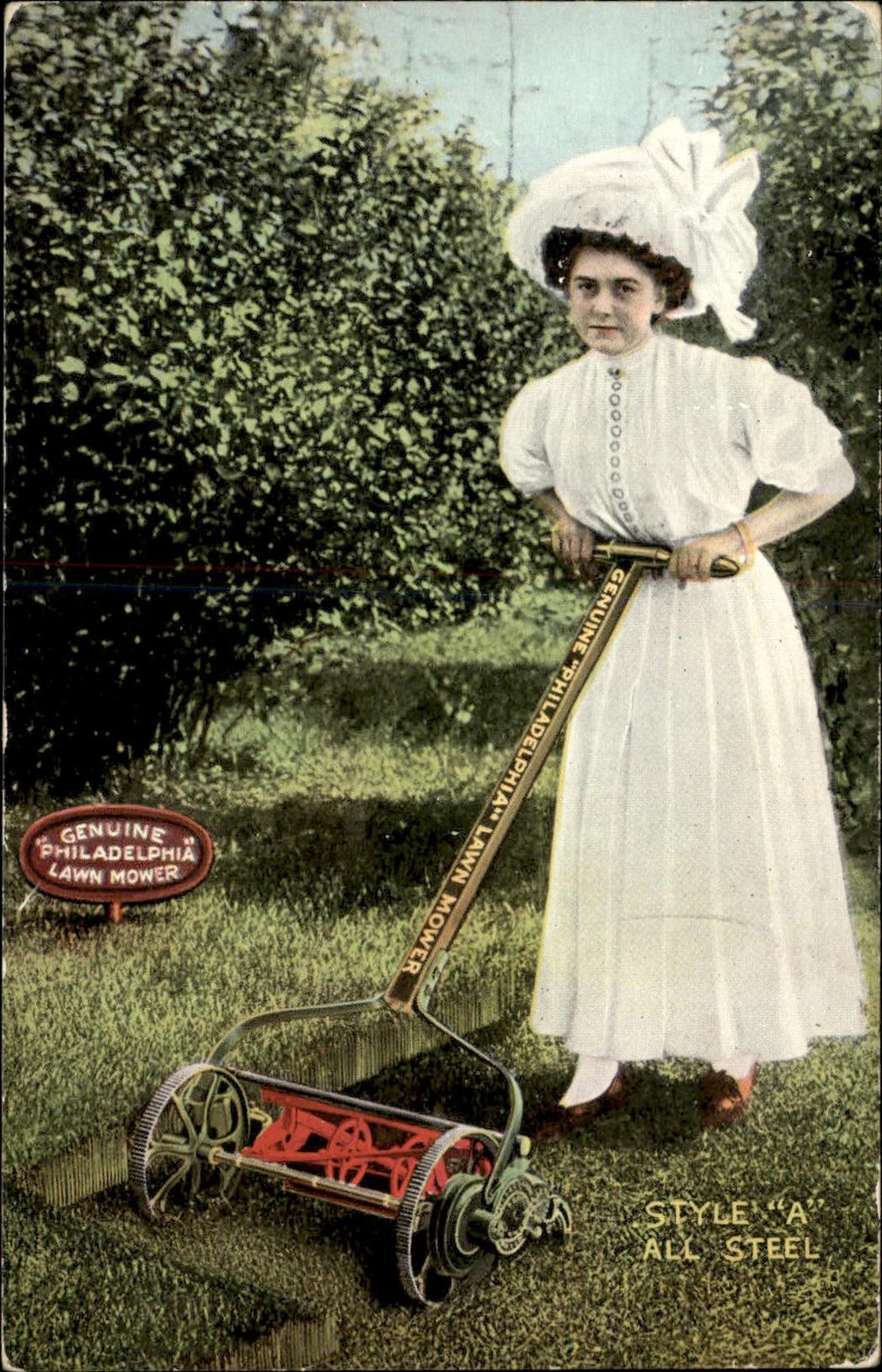 Philadelphia Lawn Mower Advertising Pretty Woman c1900s-10s Vintage Postcard bhn