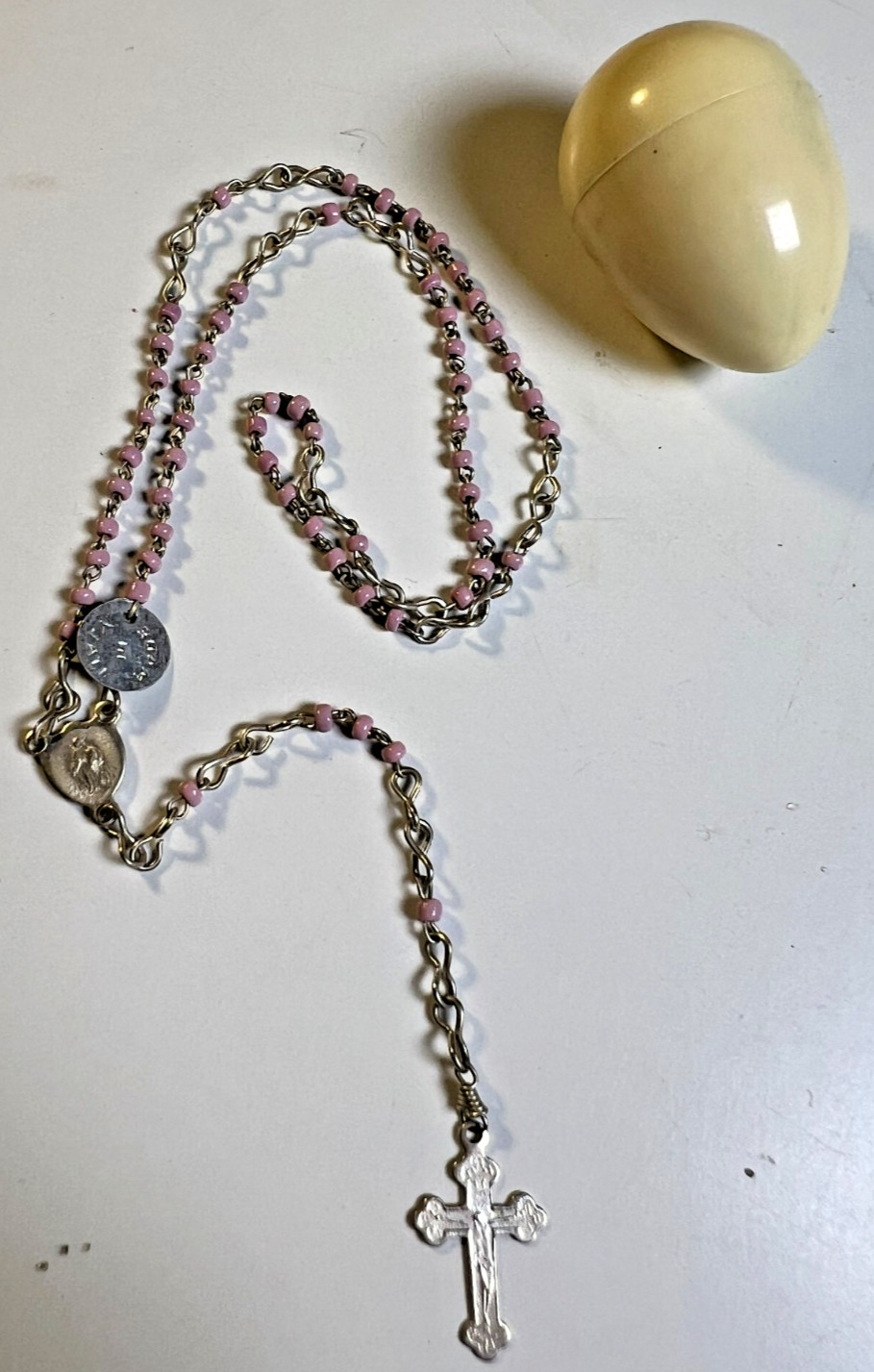 Antique Italian Miniature Pink Glass Child Girls Rosary Necklace w Egg Case