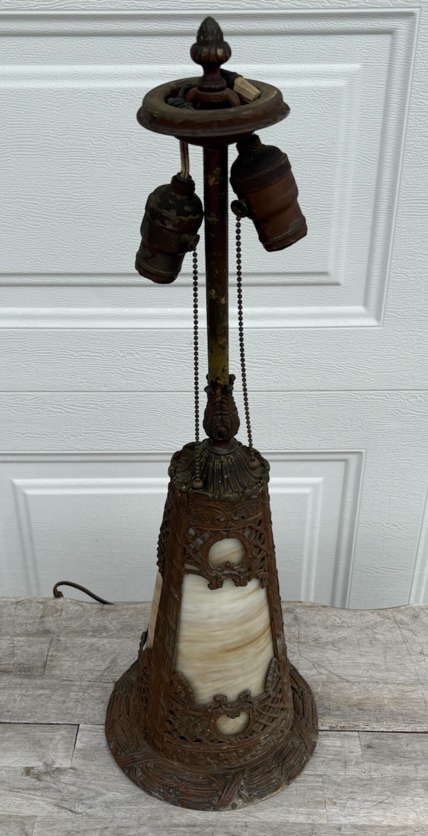 Antique Art Deco Slag Glass Table Lamp w/ Lighted Base 