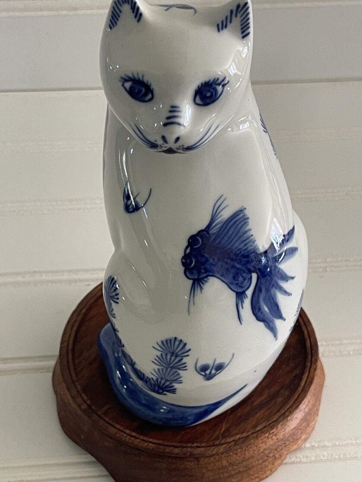 Vintage Porcelain Blue & White Cat Statue Hand Painted Ceramic Figurine 7”