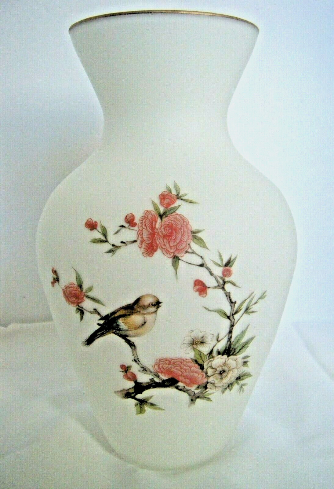 Hand Decorated White Satin Glass Vase Birds Flowers Gold Trim 10.5\