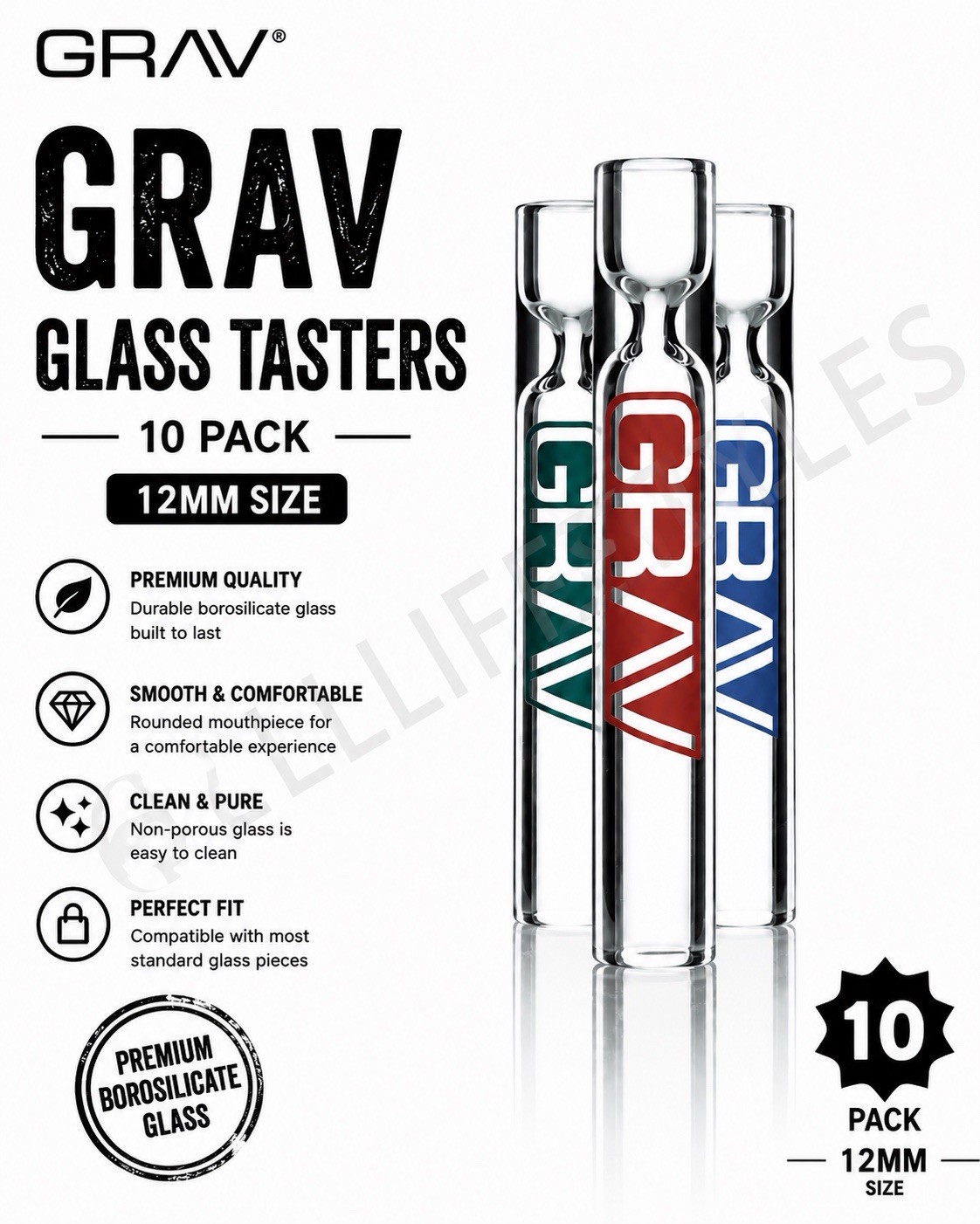 GRAV® 12MM CLEAR TASTER® - PACK OF 10, Larger Bowl, GRAV® Logo Etched Glass