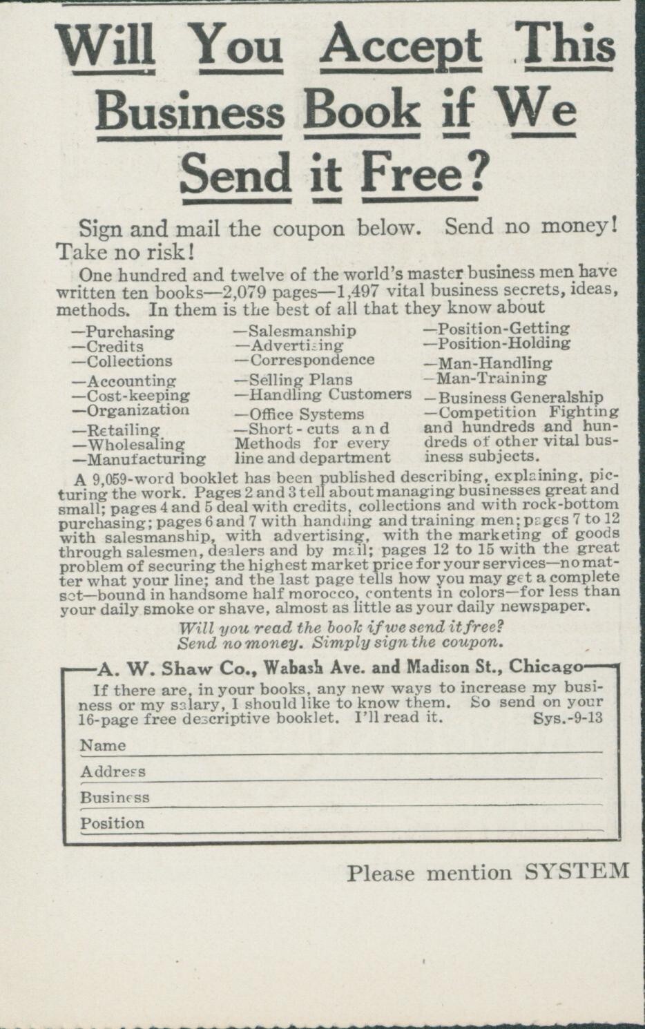 1913 Offer For Free Business Book A W Shaw Booklet Offer Chicago Ad SY1