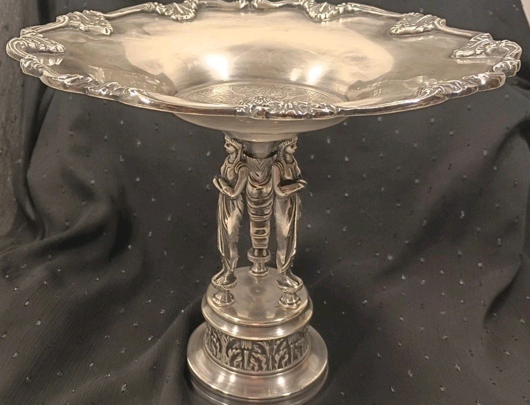 Silver Plated Neoclassical Caryatid & Filigree Centerpiece Compote Tazza Vintage