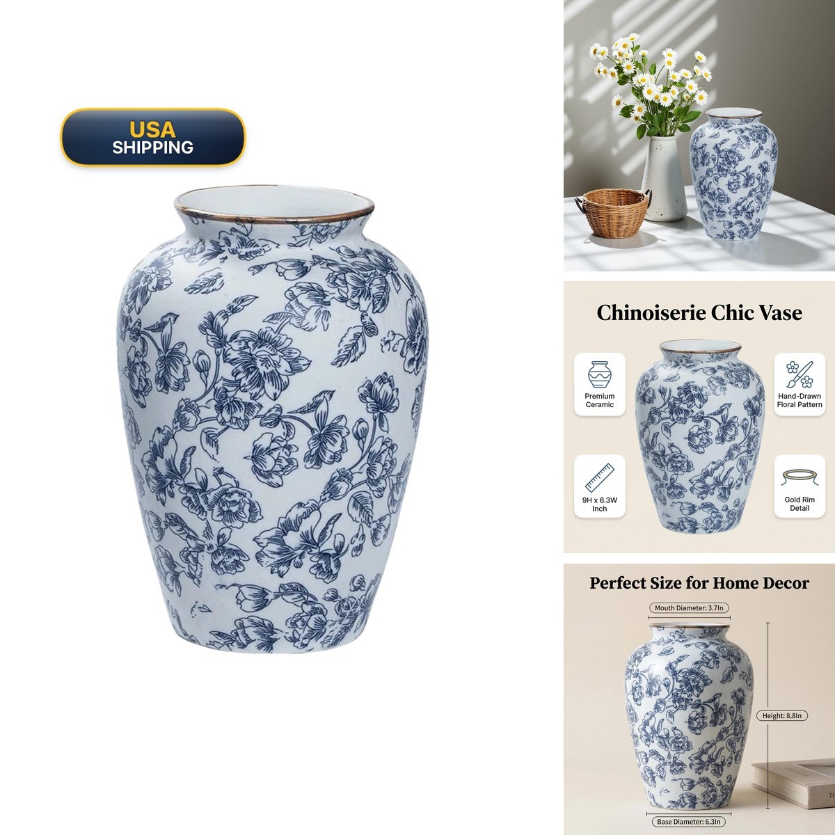 Blue and White Chinoiserie Ceramic Vase 9in Flower