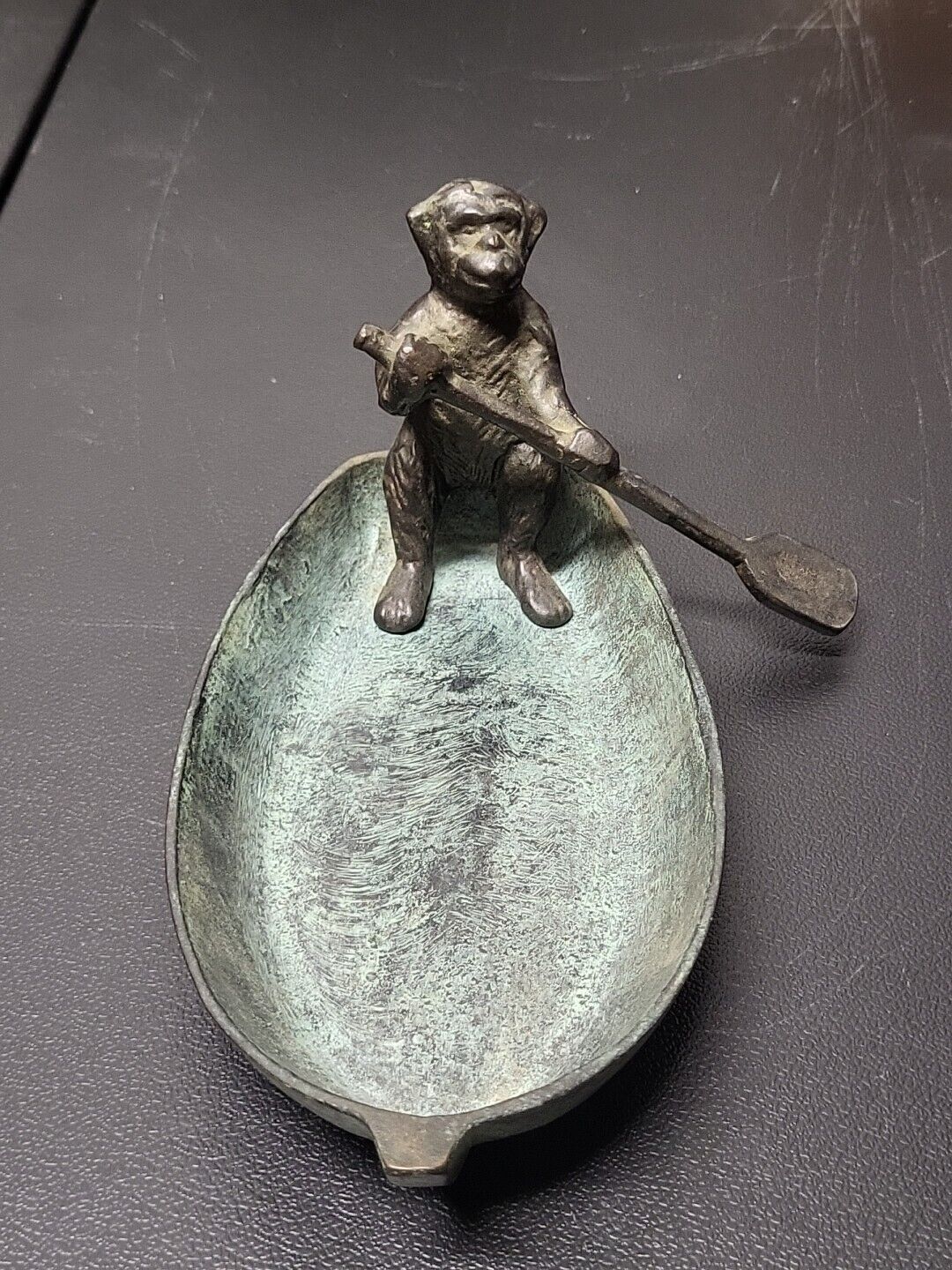 Antique Bronze Monkey In A Rowboat Sculpture