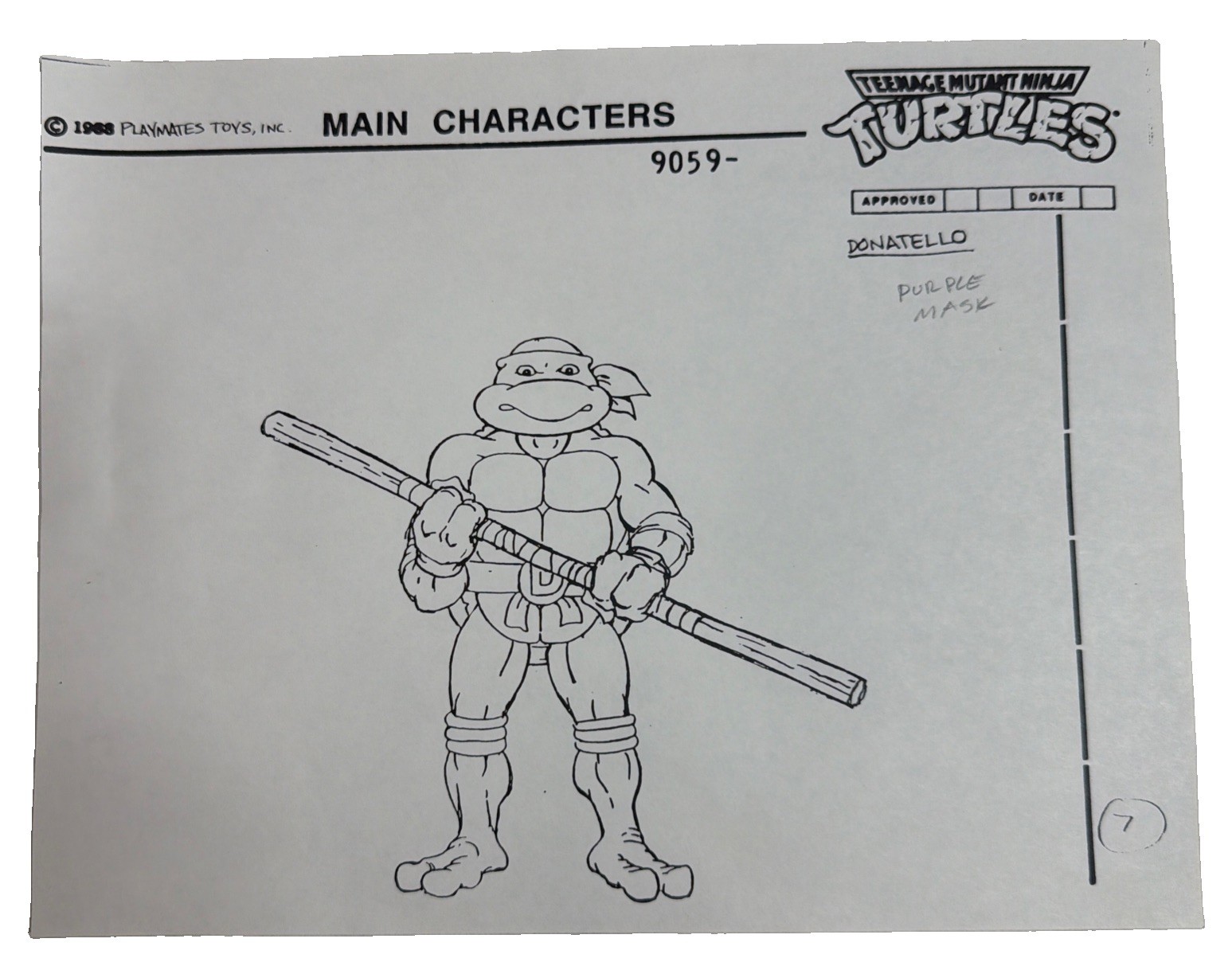 1988 TMNT Playmates Toys Original Model Sheet Donatello Purple Mask Art Sheet