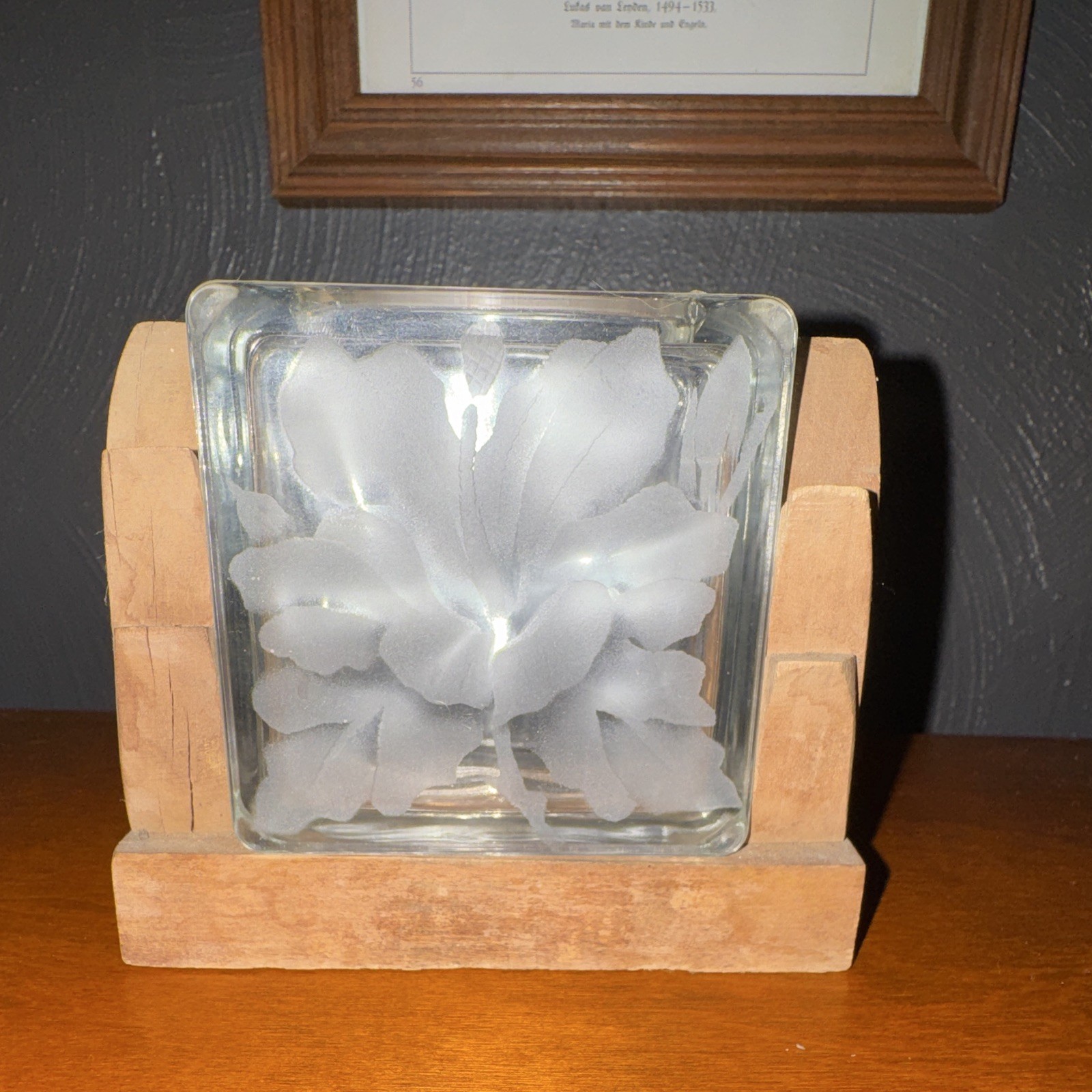Vintage Frank Oda Arts of Hawaii Etched Glass Block Vase Koa Wood Base MCM Vintage Frank Oda Arts of Hawaii Etched Glass Block Vase Koa Wood Base MCM