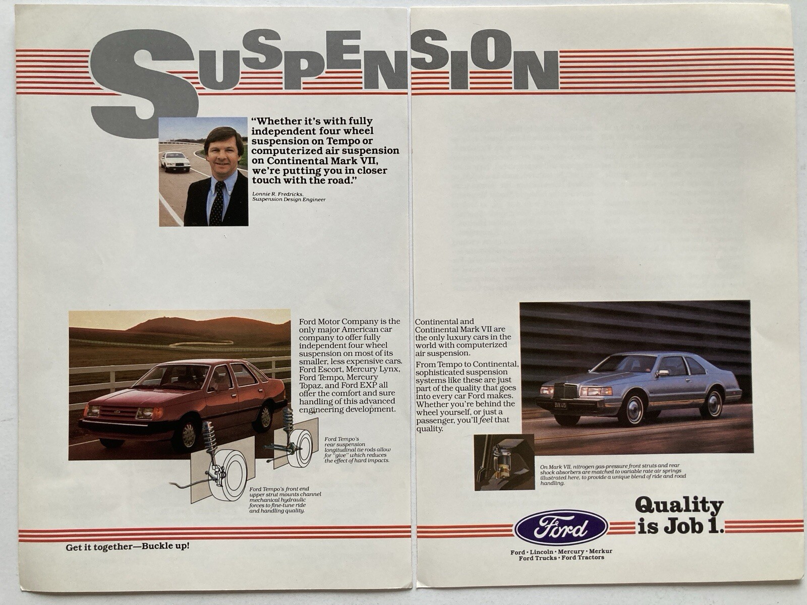 1985 Ford Tempo Lincoln Two Page Print Ad Suspension 1985 Ford Tempo Lincoln Two Page Print Ad Suspension