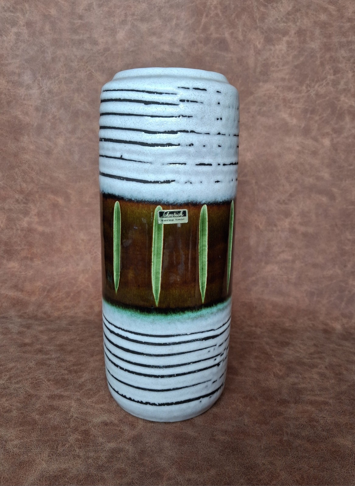 Vtg SCHEURICH KERAMIK Europ Line White Brown Green Stripes Vase 532 28 W Germany