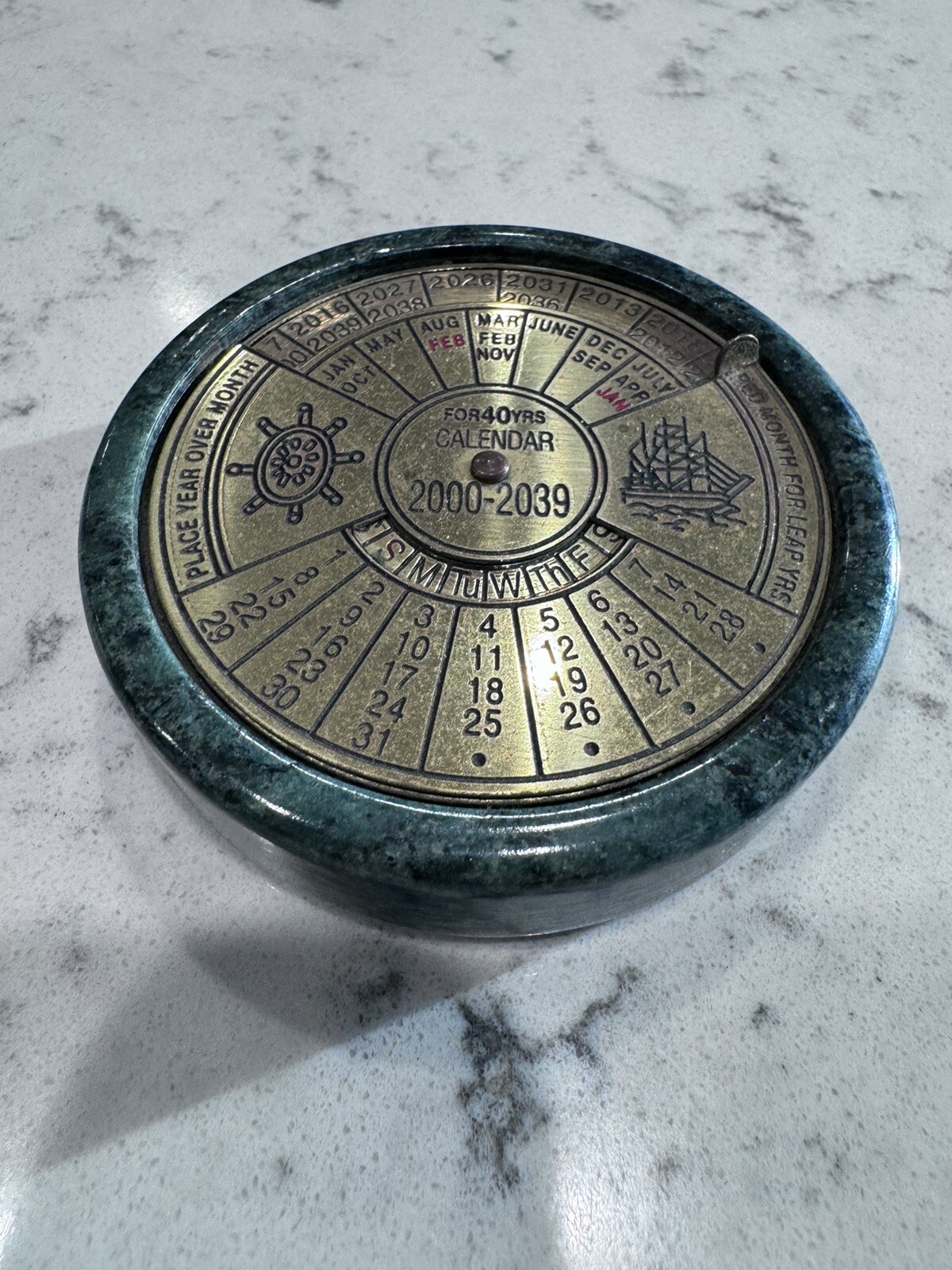 Vtg 40 Year Perpetual Desk Calendar 2000-2039 Brass Marble Paperweight Taiwan BH