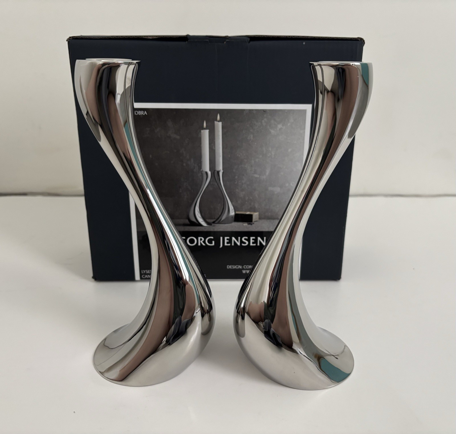 GEORG JENSEN Cobra Candlesticks Candleholders Polished SS~ Set of 2 in Box