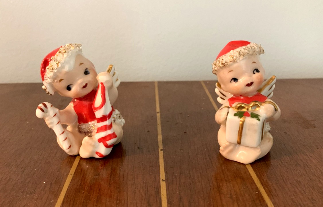 2 Vintage Christmas Baby Angel Spaghetti Trim Figurines 1950\'s By Lefton