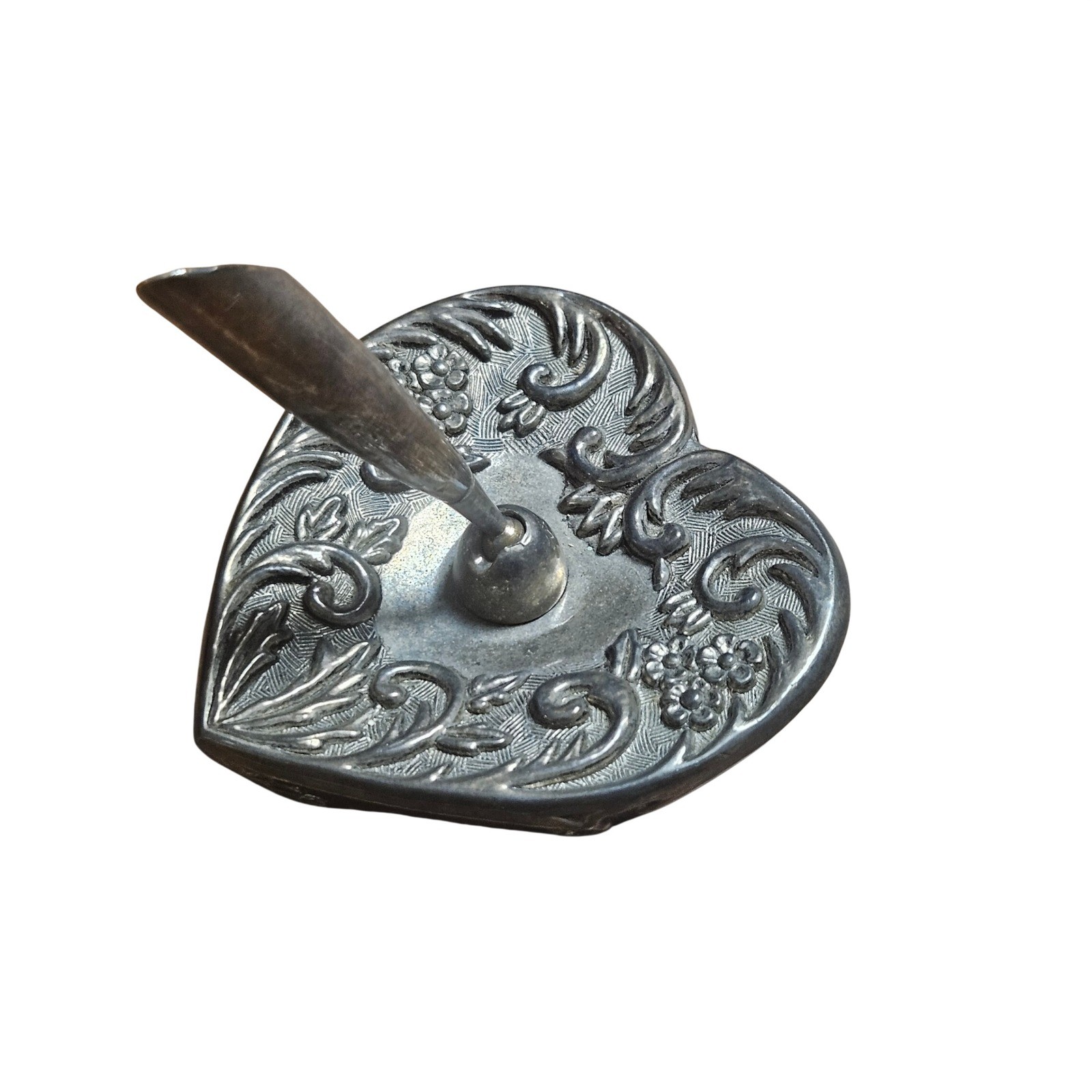 Vintage 1992 Godinger Silver Heart Shaped Pen Holder Floral Embossed Victorian