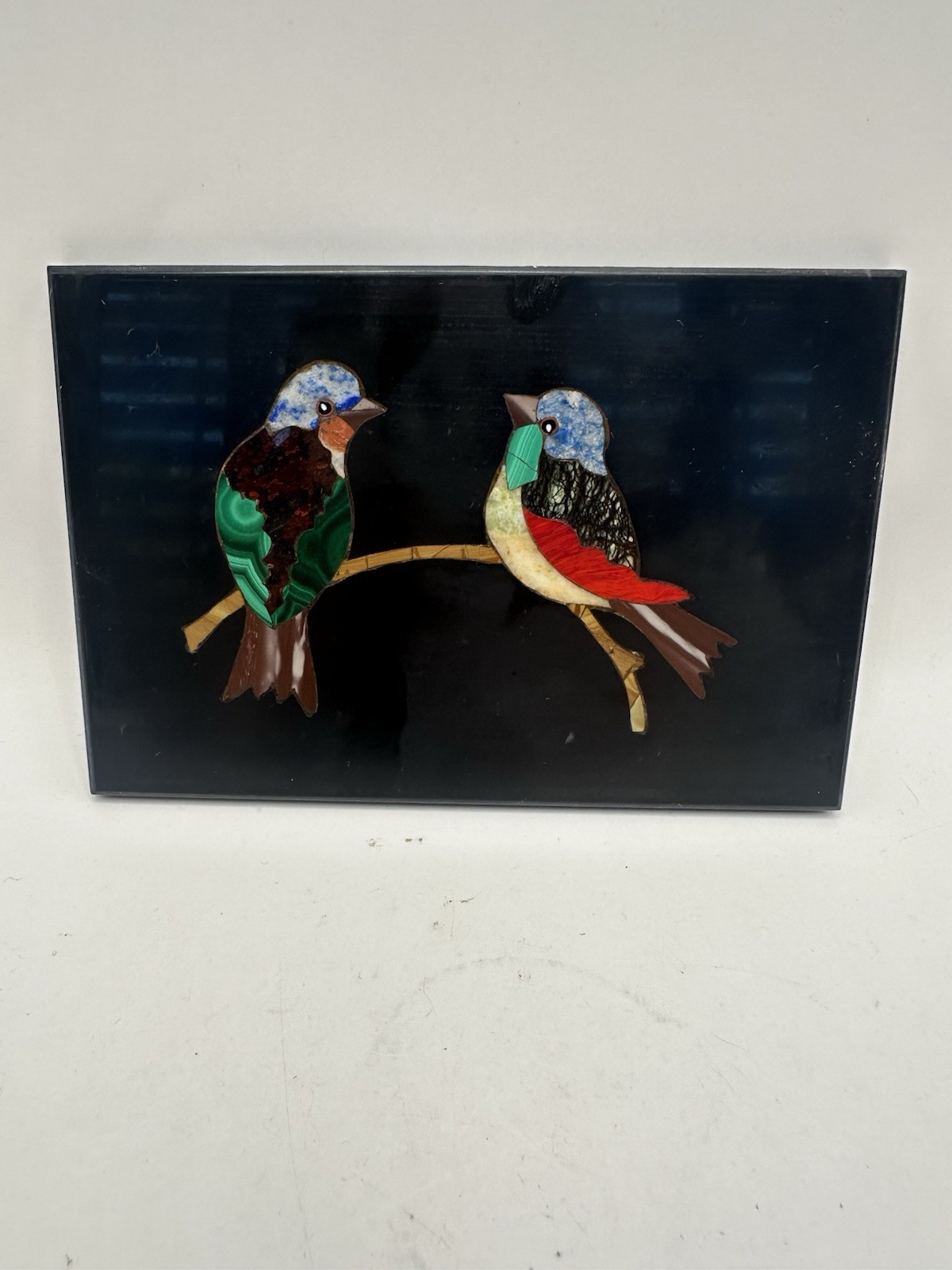 Hand Painted Bird Glass Art Plaque Two Colorful Bird on Branch 5\
