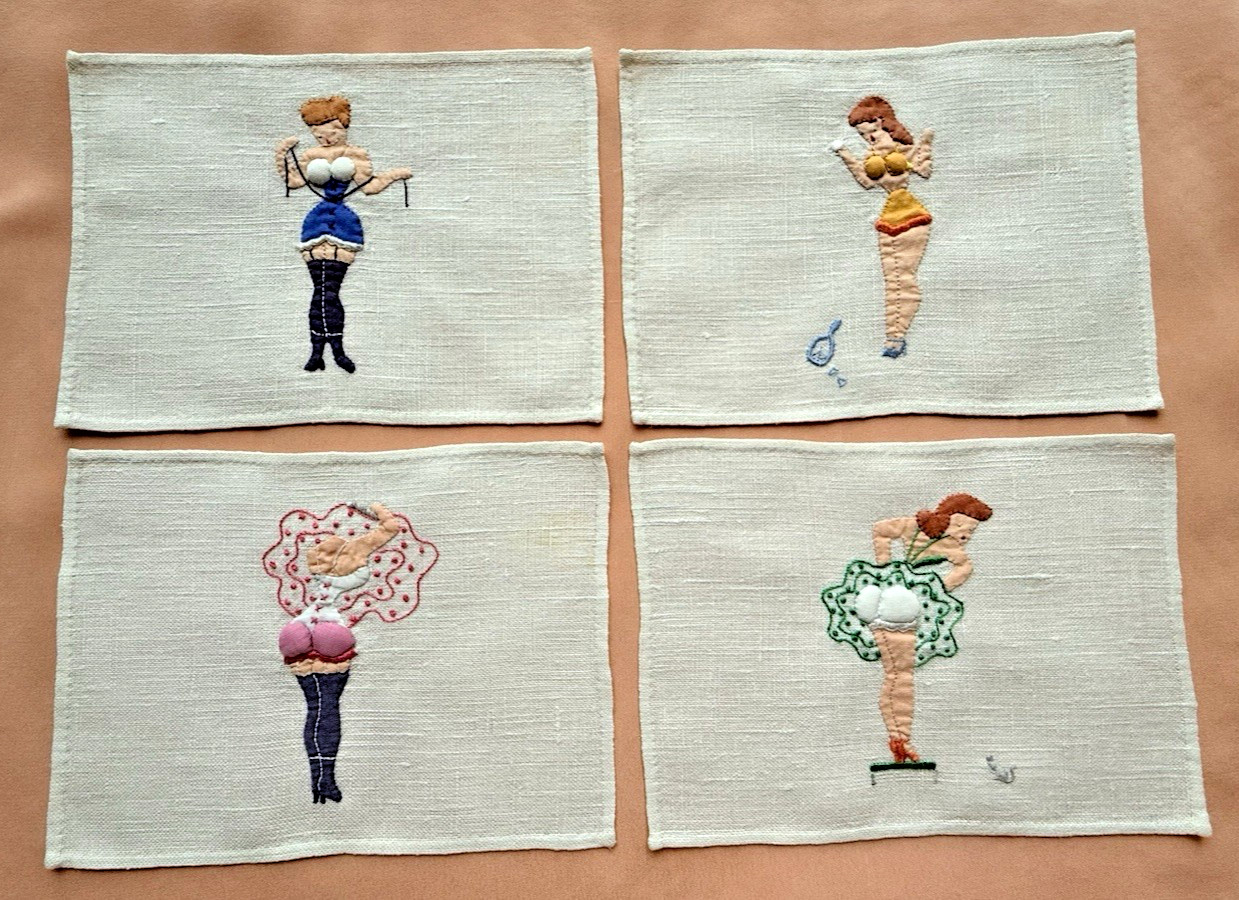 Vintage Cocktail Napkins Madeira Embroidered Risque Naughty Pin Up Girls Linen 6 Vintage Cocktail Napkins Madeira Embroidered Risque Naughty Pin Up Girls Linen 6