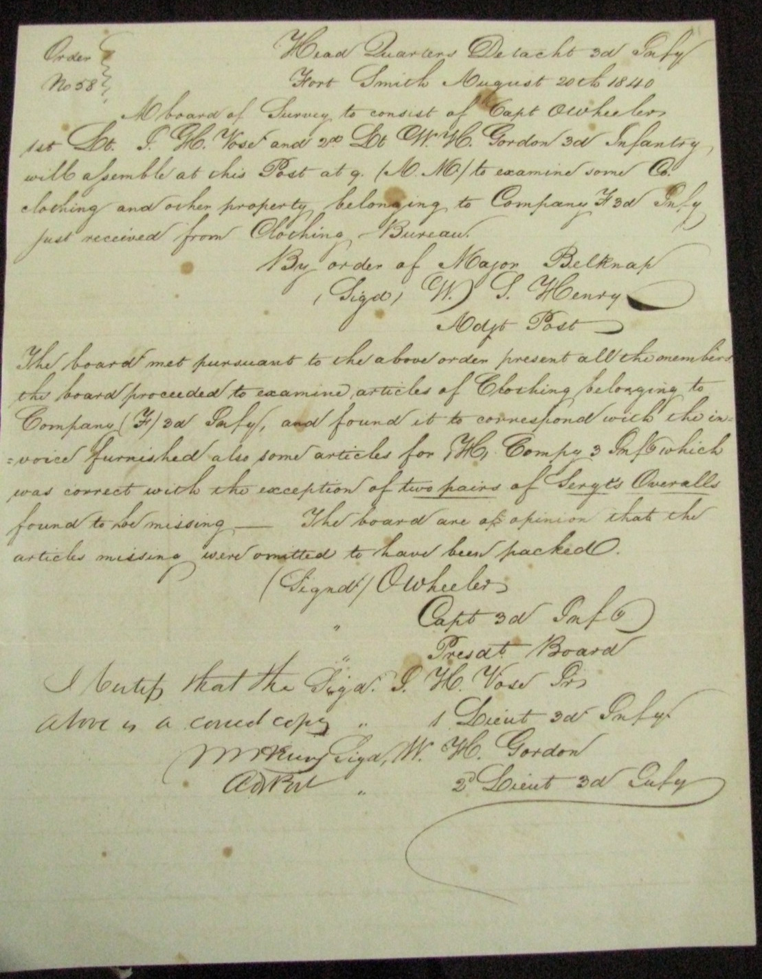 FORT SMITH ARKANSAS US INFANTRY UNIFORMS LETTER INDIAN FRONTIER 1839