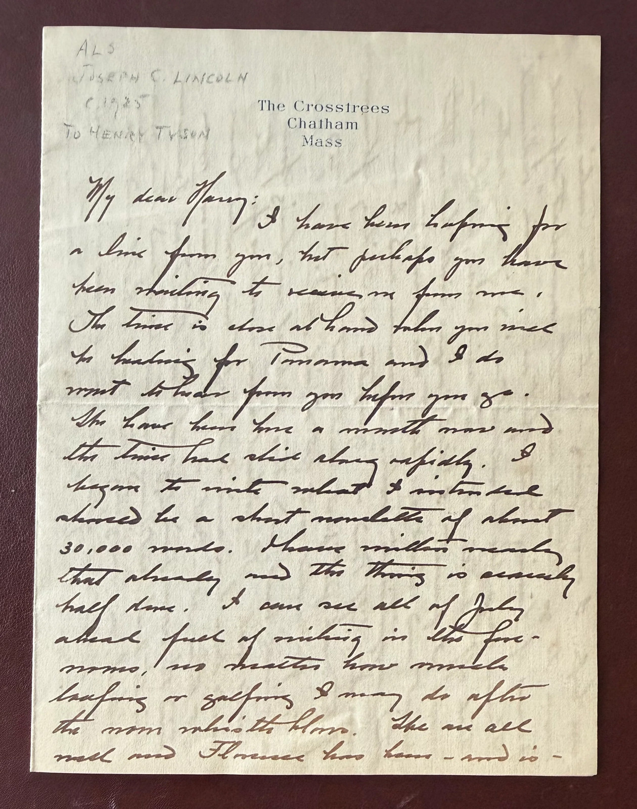 1921 Joseph C. Lincoln Autograph Letter Signed \