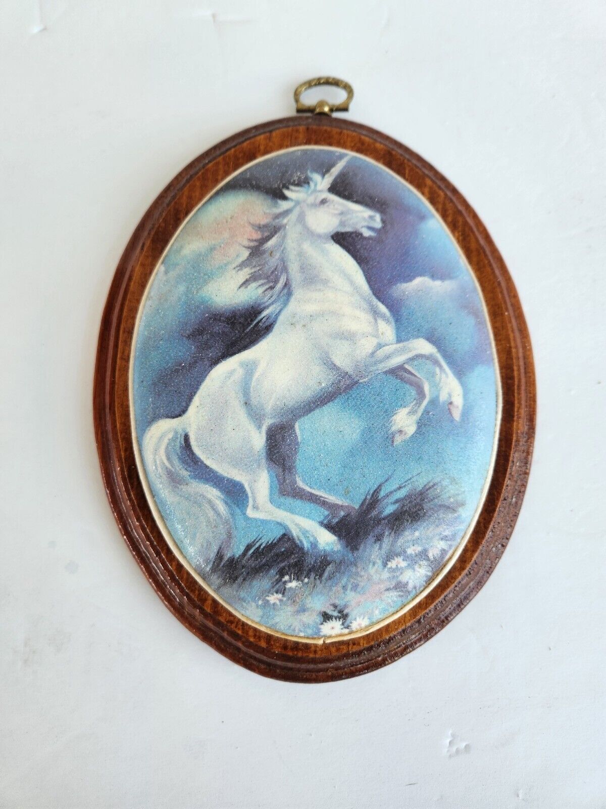 Vintage 80s Unicorn Blue Wall Picture Wood Art Decor Lacquered Round 3D Hanger 