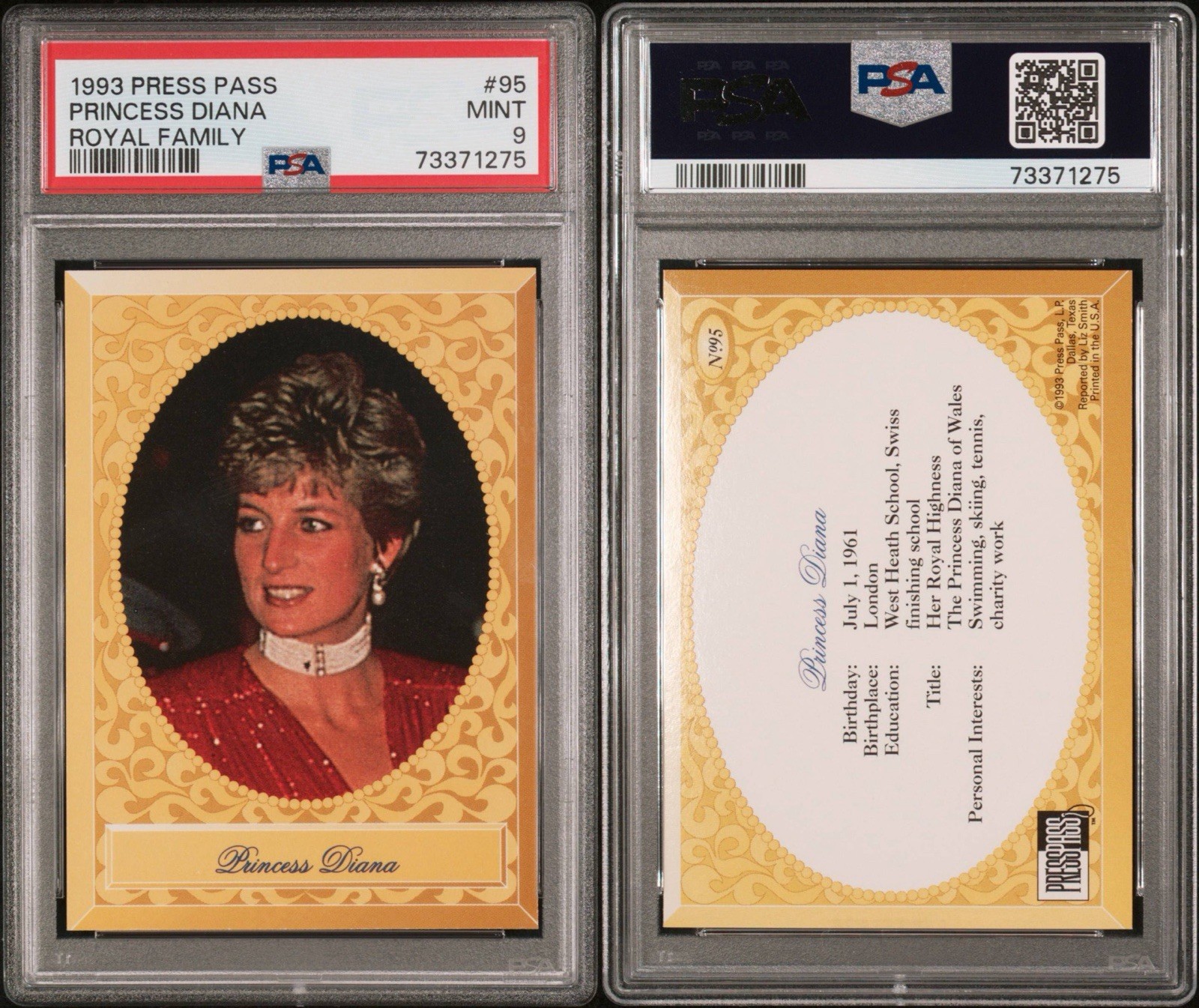 PSA 1993 Press Pass Princess Diana Royal Family #95 (Mint 9) PSA 1993 Press Pass Princess Diana Royal Family #95 (Mint 9)