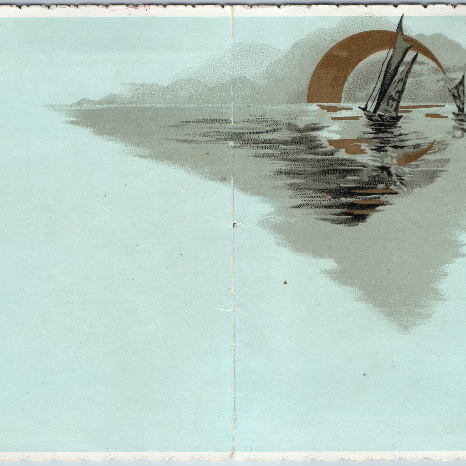 c1890s Bi Fold Greeting Card Sailboat Moon Gold Lithograph Art Craft Blank Vtg