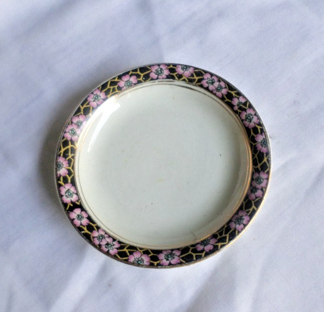 Vintage J & G Meakin Butter Pat Black with Pink Flowers ENGLAND