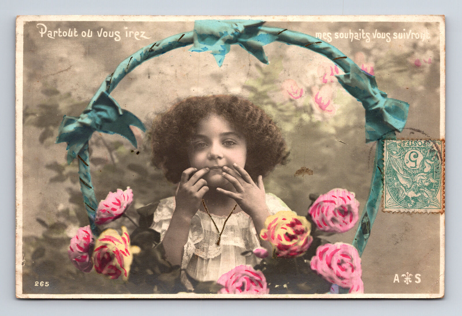 1905 RPPC French Hand Colored Portrait Flower Girl Carnation Curly Hair Postcard
