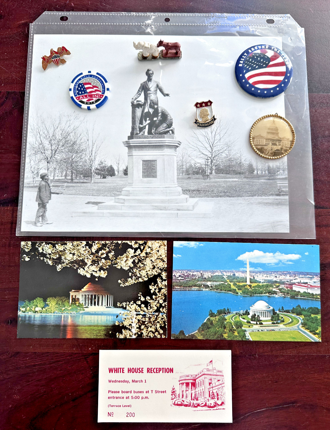 ASSORTED VINTAGE AMERICAN ITEMS-POSTCARDS, PINS, WHITE HOUSE RECEPTION, PHOTO