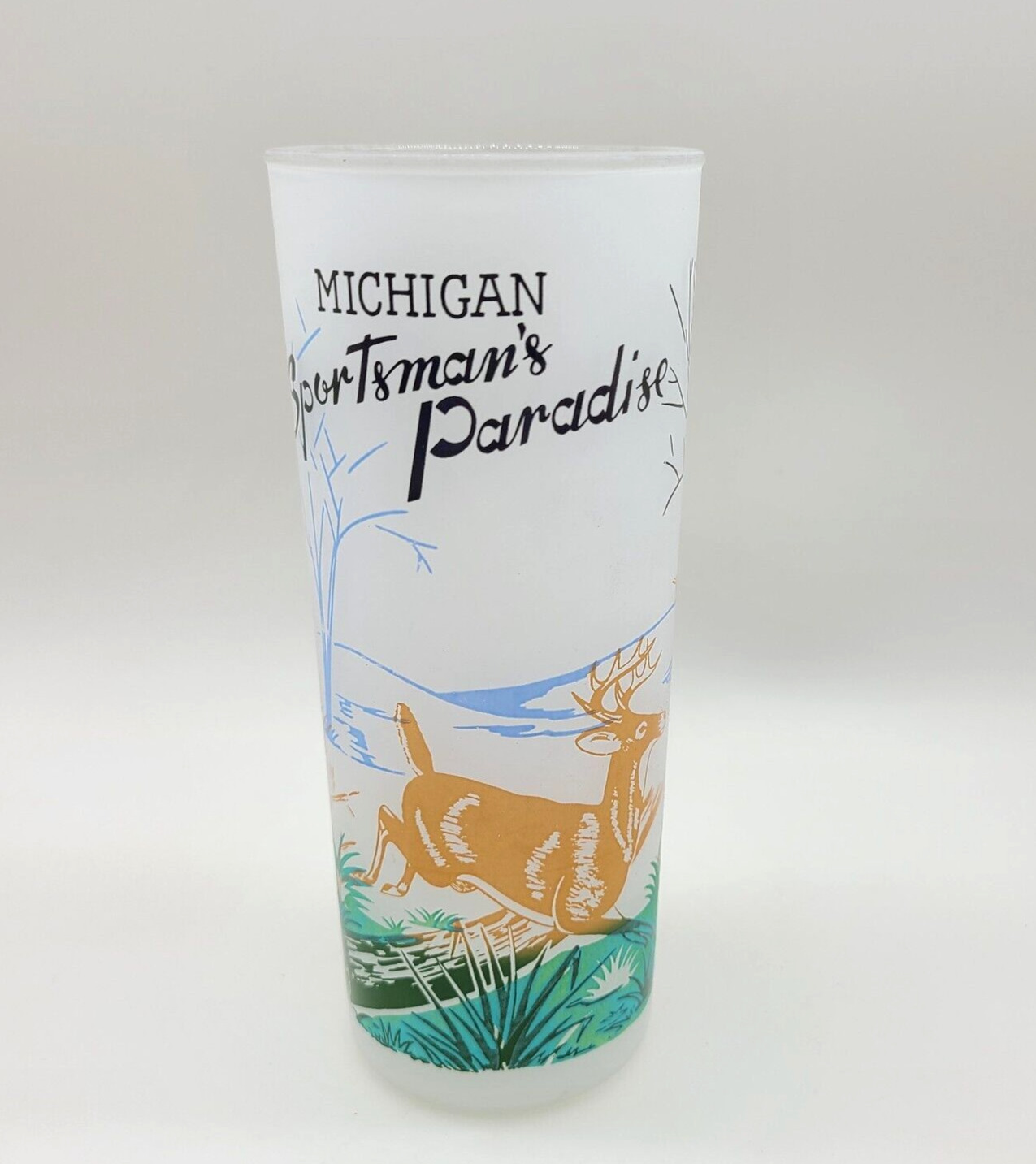 Vintage Michigan Sportsman's Paradise Frosted Drink Glass Deer Hunting