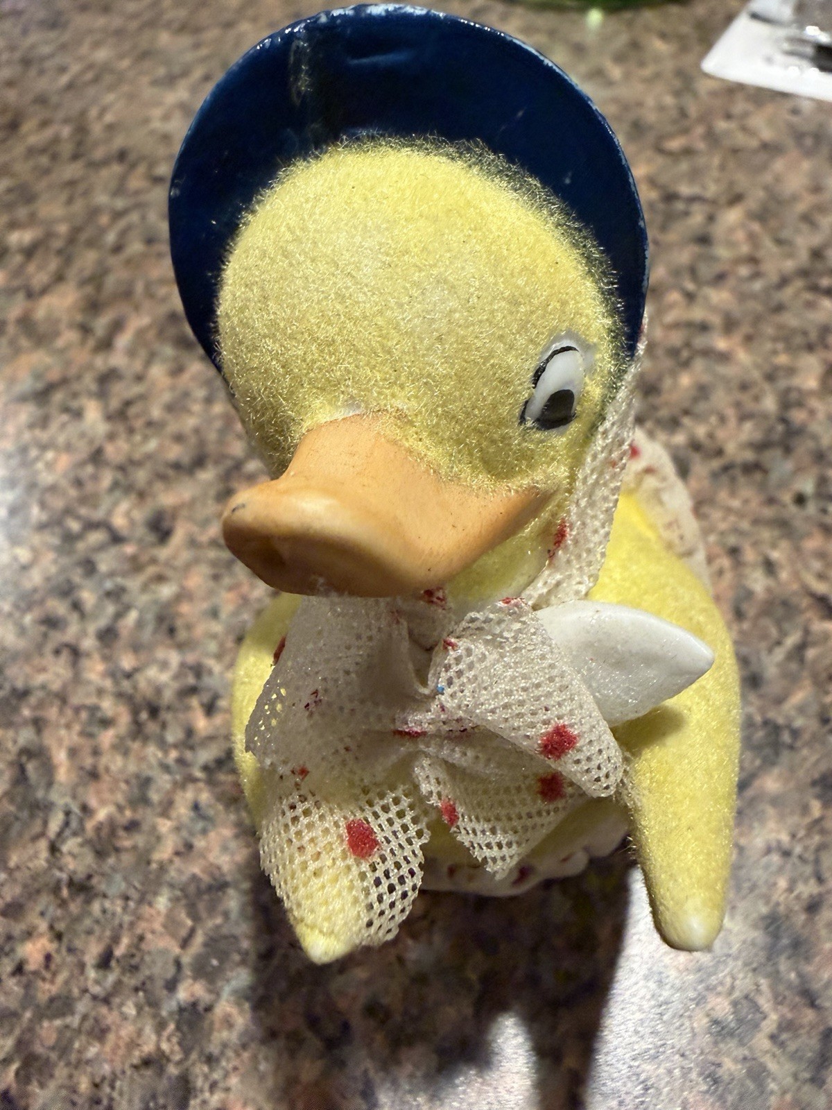 Vintage Anthropomorphic  Porcelain Flocked Duck Figurine Bonnet Polka Dot Skirt