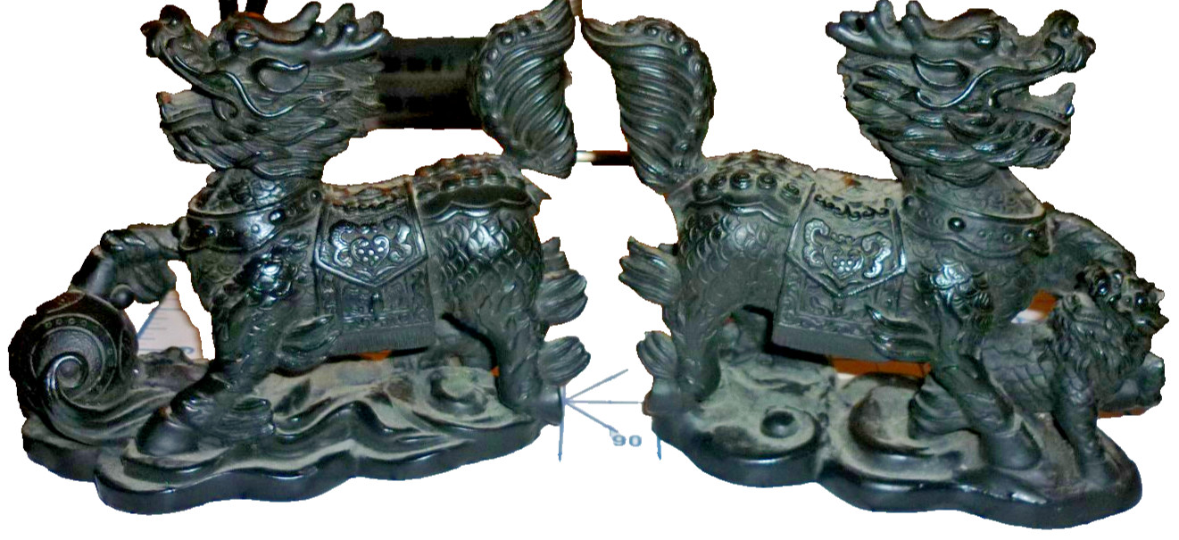 Pair Vintage Chinese Molded Black Resin Qilin Kirin / Dragon Horse Statues Pair Vintage Chinese Molded Black Resin Qilin Kirin / Dragon Horse Statues