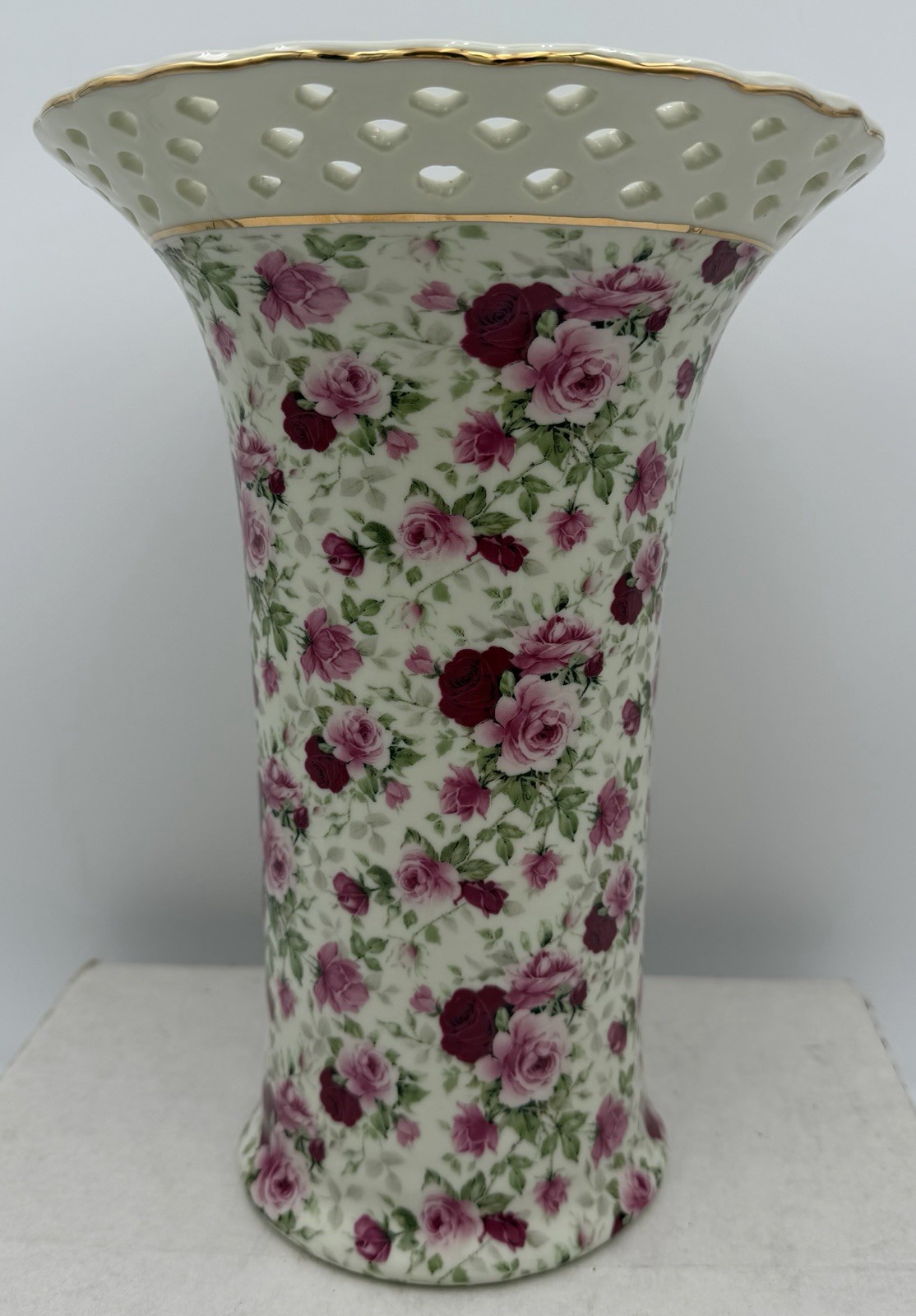 Formalities Baum Bros Vase Victorian Rose Chintz Collection Reticulated 10in VTG