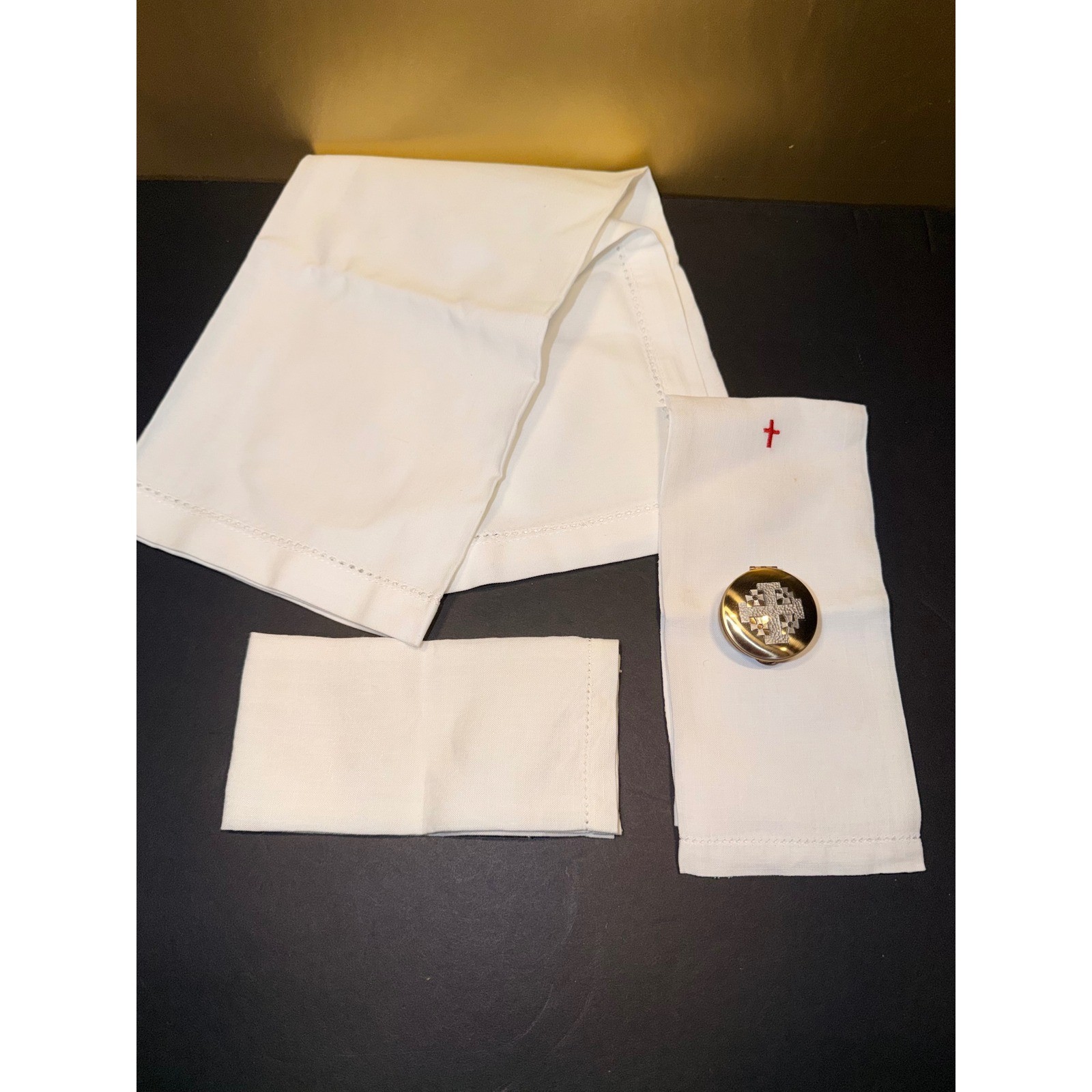 Vintage Catholic Sick Call Set White Linen Altar Cloths & Jerusalem Cross Pyx