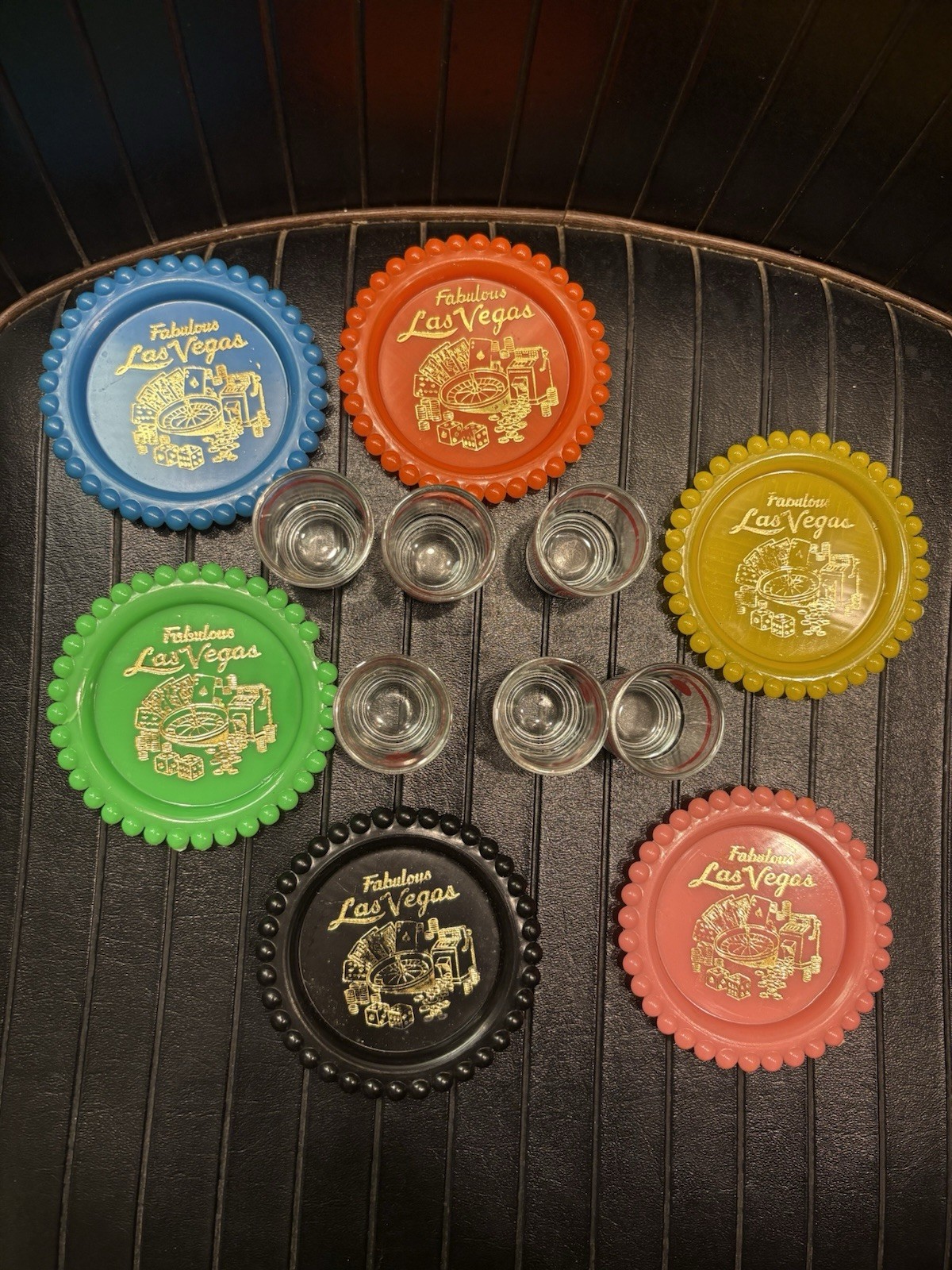 VTG MCM Las Vegas Roulette Plastic Coasters Multicolor Mini Shot Glass Set 60s