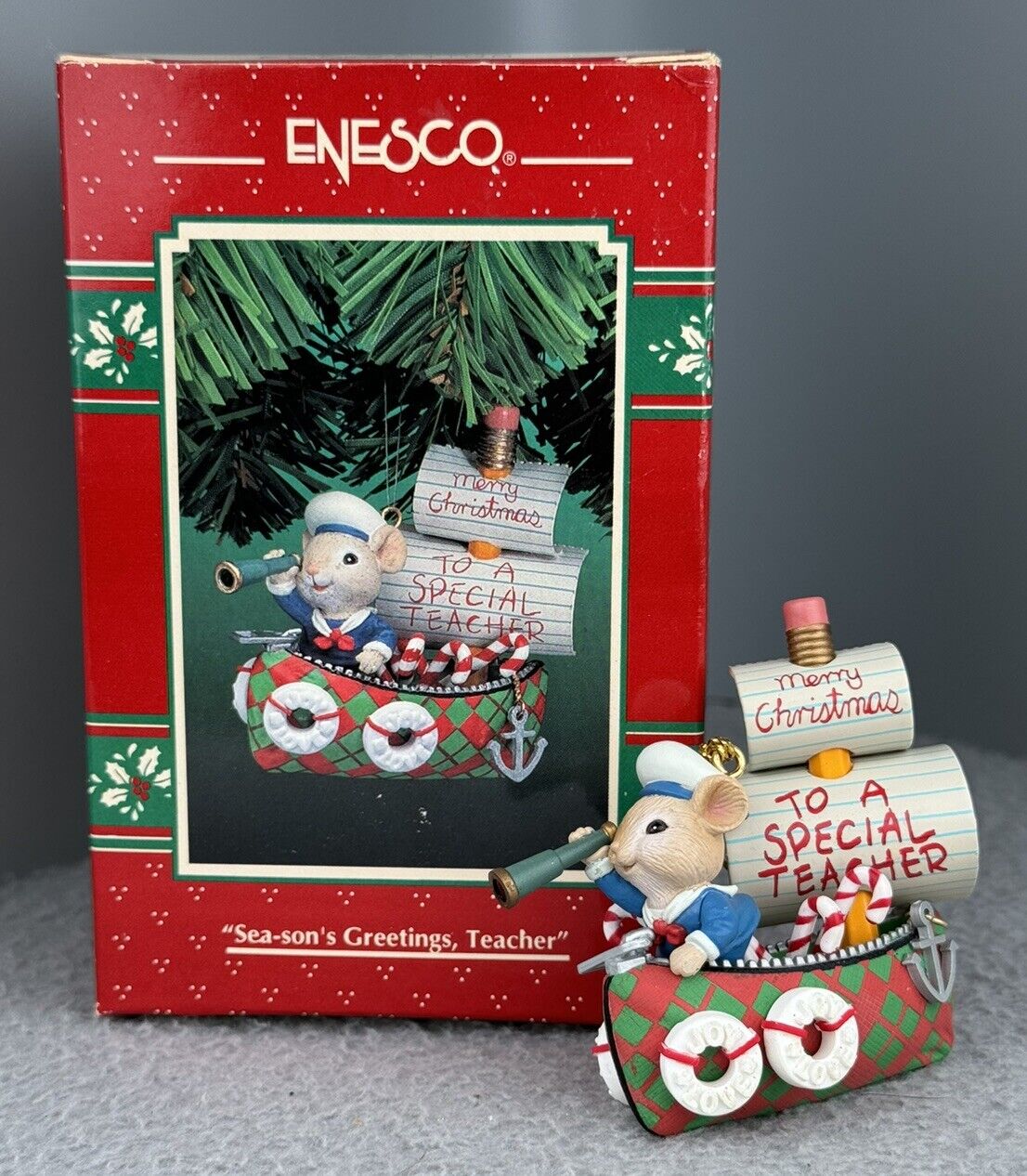 Enesco Christmas Ornament 1995 Sea-son's Greetings Teacher Sailboat Mouse