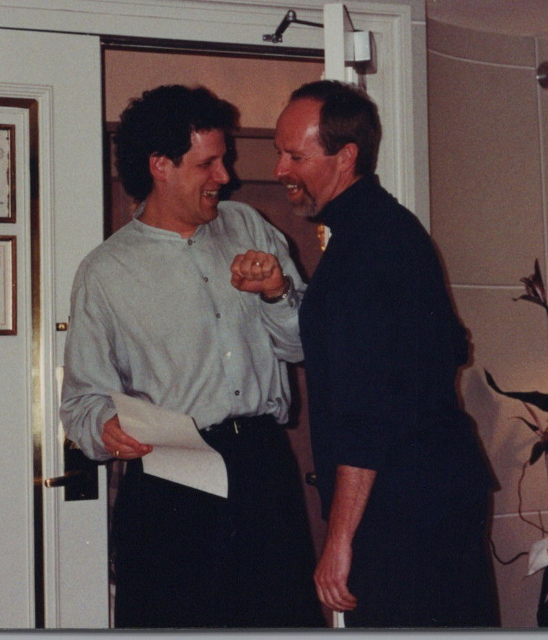 1990s Two Men Friends Laughing Talking Hotel Doorway Party Funny Moment