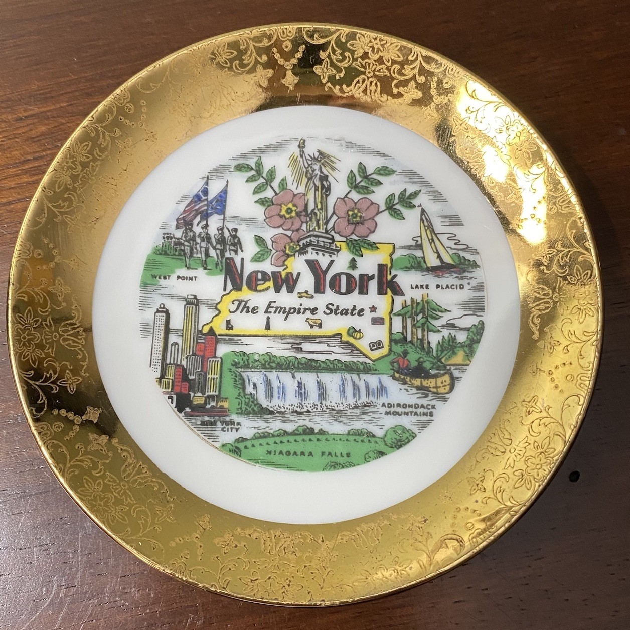 Vtg New York City 4” Souvenir Plate Empire State Niagara Falls 22k Gold Filigree