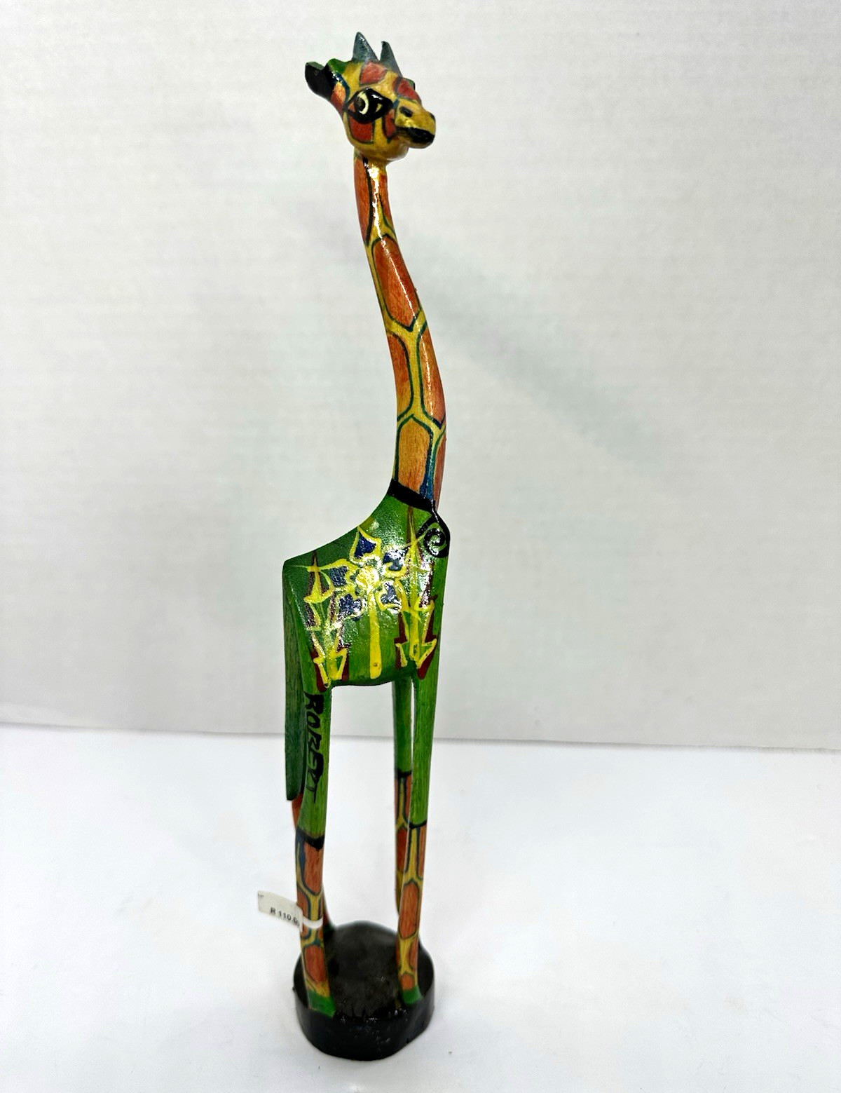 Hand Painted Wooden Giraffe Figurine Sculpture on Base Green Multicolor
