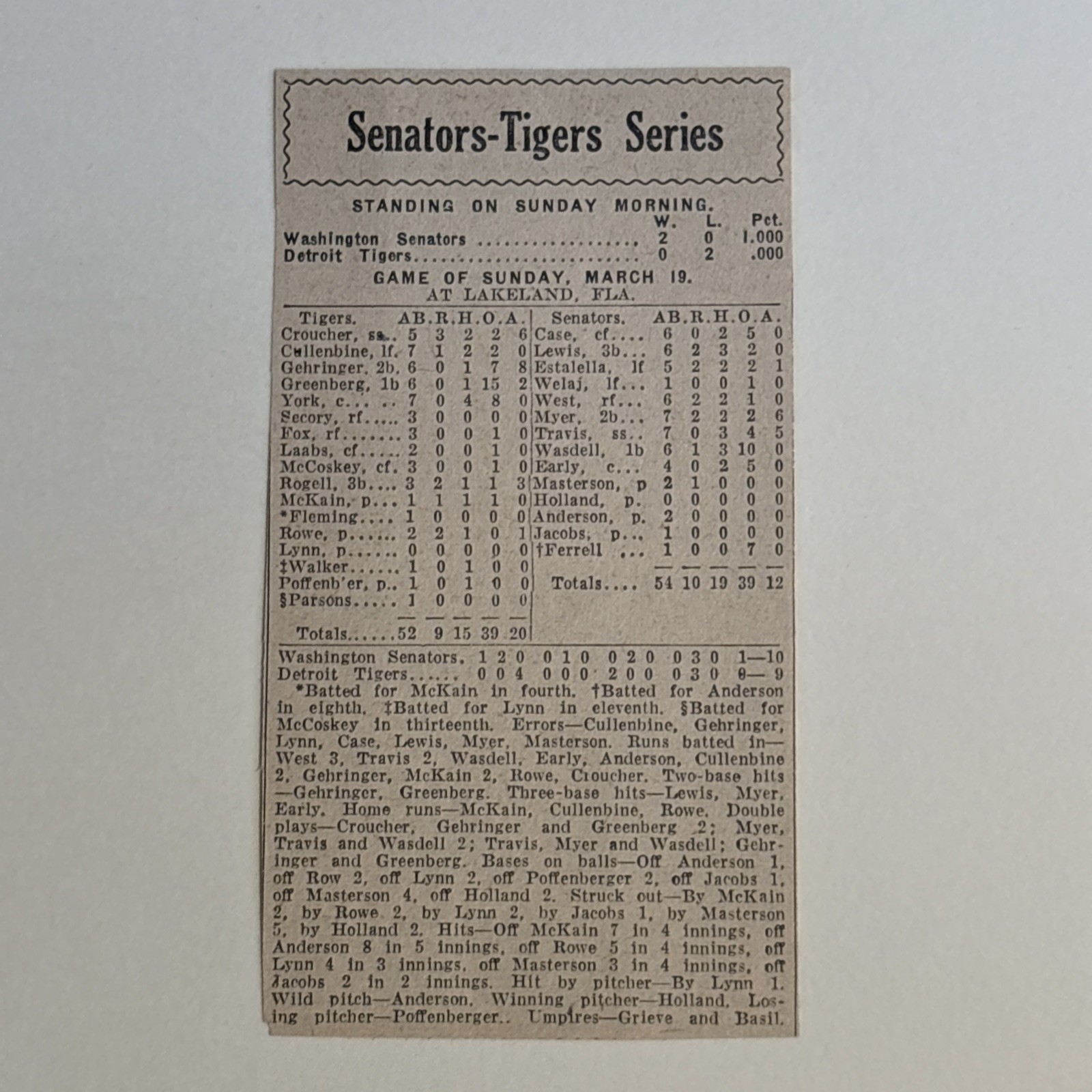 Washington Senators Detroit Tigers 1939 Sporting News Baseball 2X4 Box Score