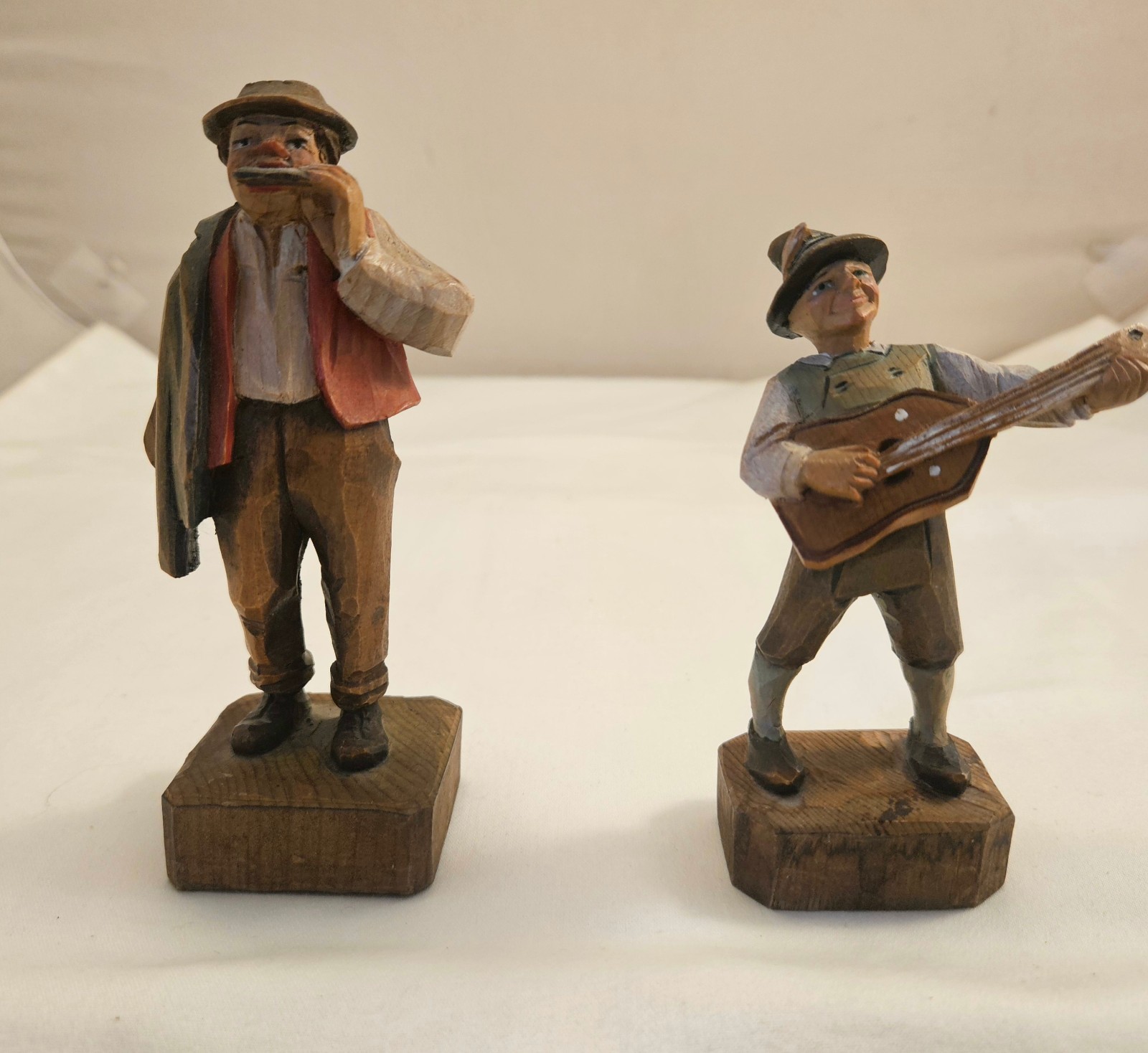 2 Vintage ANRI Italy Hand Carved Wood Guitar Player and Harmonica Player Figures
