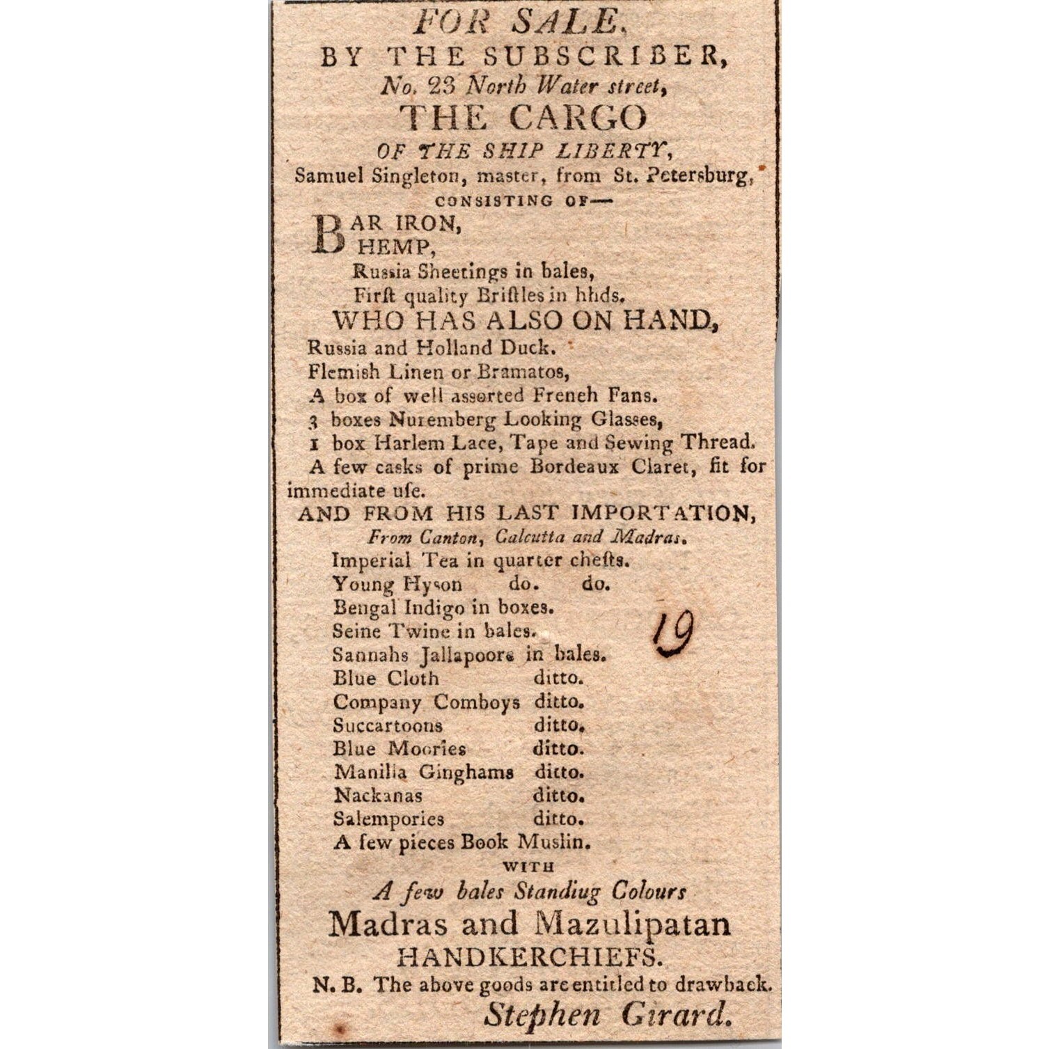 For Sale Cargo Ship Liberty Stephen Girard 1806 Philadelphia Clipping SAJ5-M10 For Sale Cargo Ship Liberty Stephen Girard 1806 Philadelphia Clipping SAJ5-M10