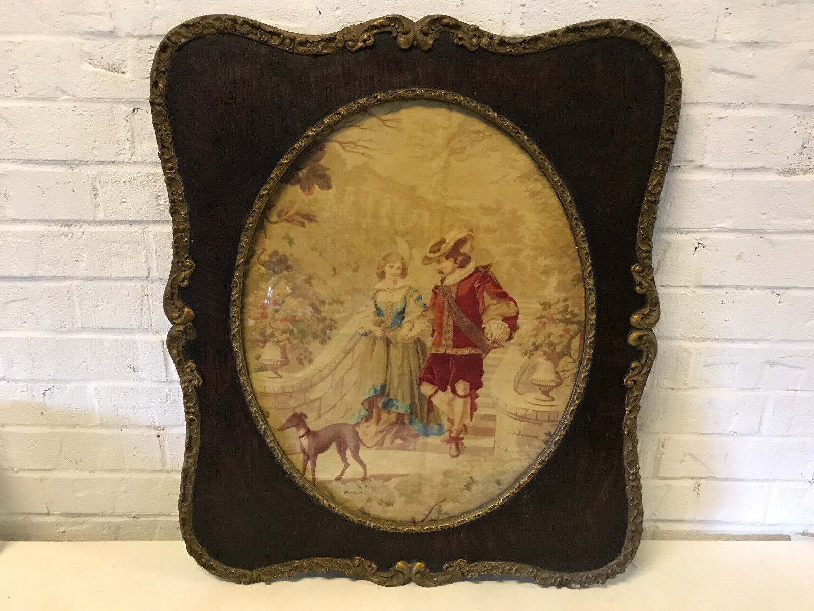 Antique Framed Tapestry of Cavalier Man Woman & Whippet Dog Walking