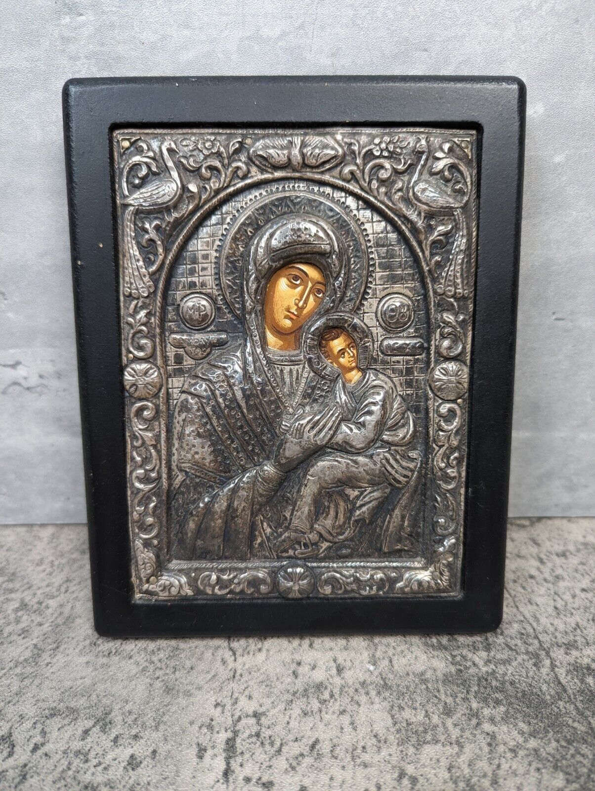 Vtg Byzantine Art Greek Orthodox 950 Silver Icon Virgin Mary & Jesus Wall Plaque